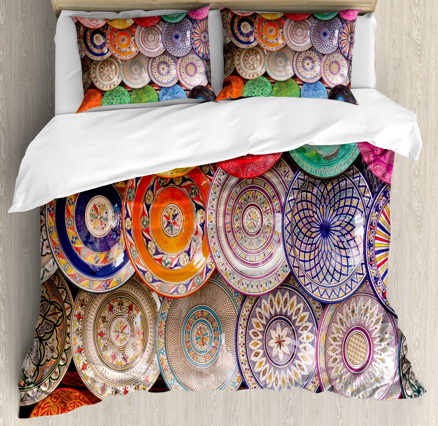 Ambesonne Moroccan Duvet Cover Set | Traditional Handcrafted 3-Piece Bedding with 2 Pillow Shams | Colorful Market Plates Design from Marrakesh | California King Size | Vibrant Multicolor Decor | Perfect for Bohemian & Eclectic Bedroom Styles