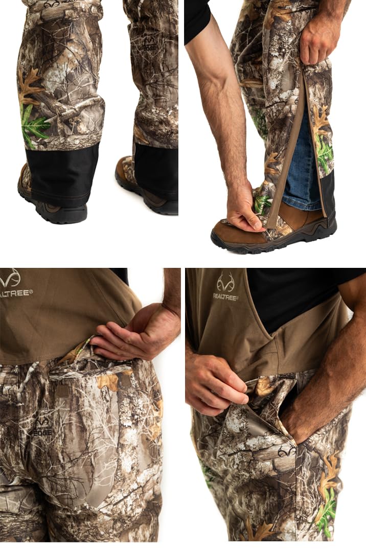 Realtree Men's Edge Timber Camo Hunting Bibs - Insulated Windproof Breathable Midweight Coveralls for Cold Weather Hunting & Outdoor Activities