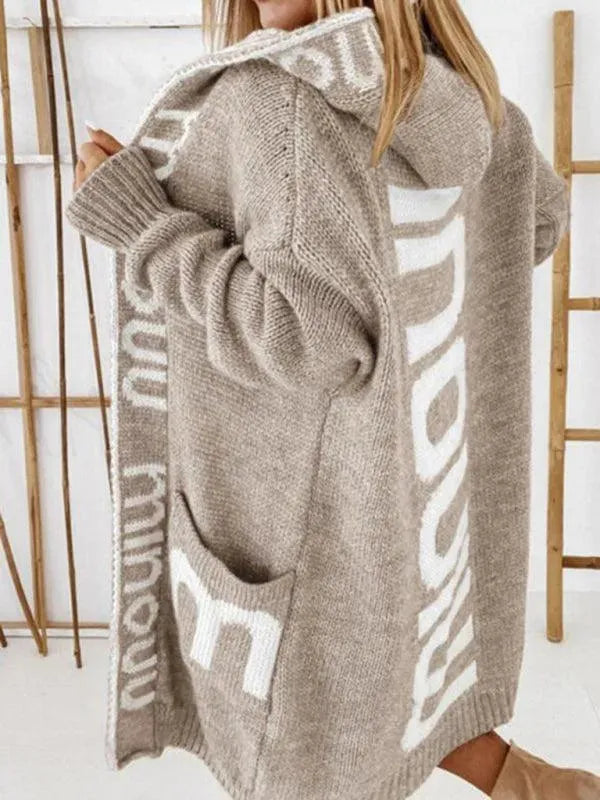 Women's Long Hooded Cardigan with Letter Print - Cozy Fall & Winter Outerwear for Casual Outfits and Layering