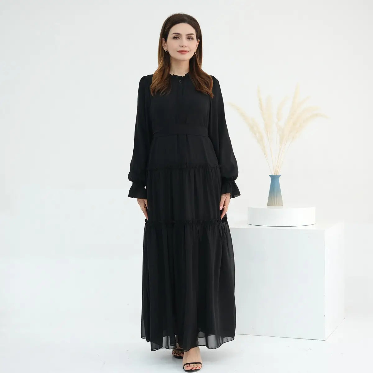 Elegant Muslim Women's Solid Color Chiffon Abaya Dress - Modest Islamic Prayer Dress for Mosque, Eid & Special Occasions