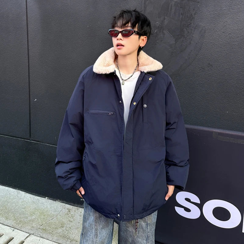 Men's American Style Padded Jacket - Lamb Wool Turn-Down Collar, Zipper Patchwork, Thickened Casual Coat for Winter (Tide 9C9279) | Perfect for Outdoor Activities, Daily Wear & Cold Weather Fashion