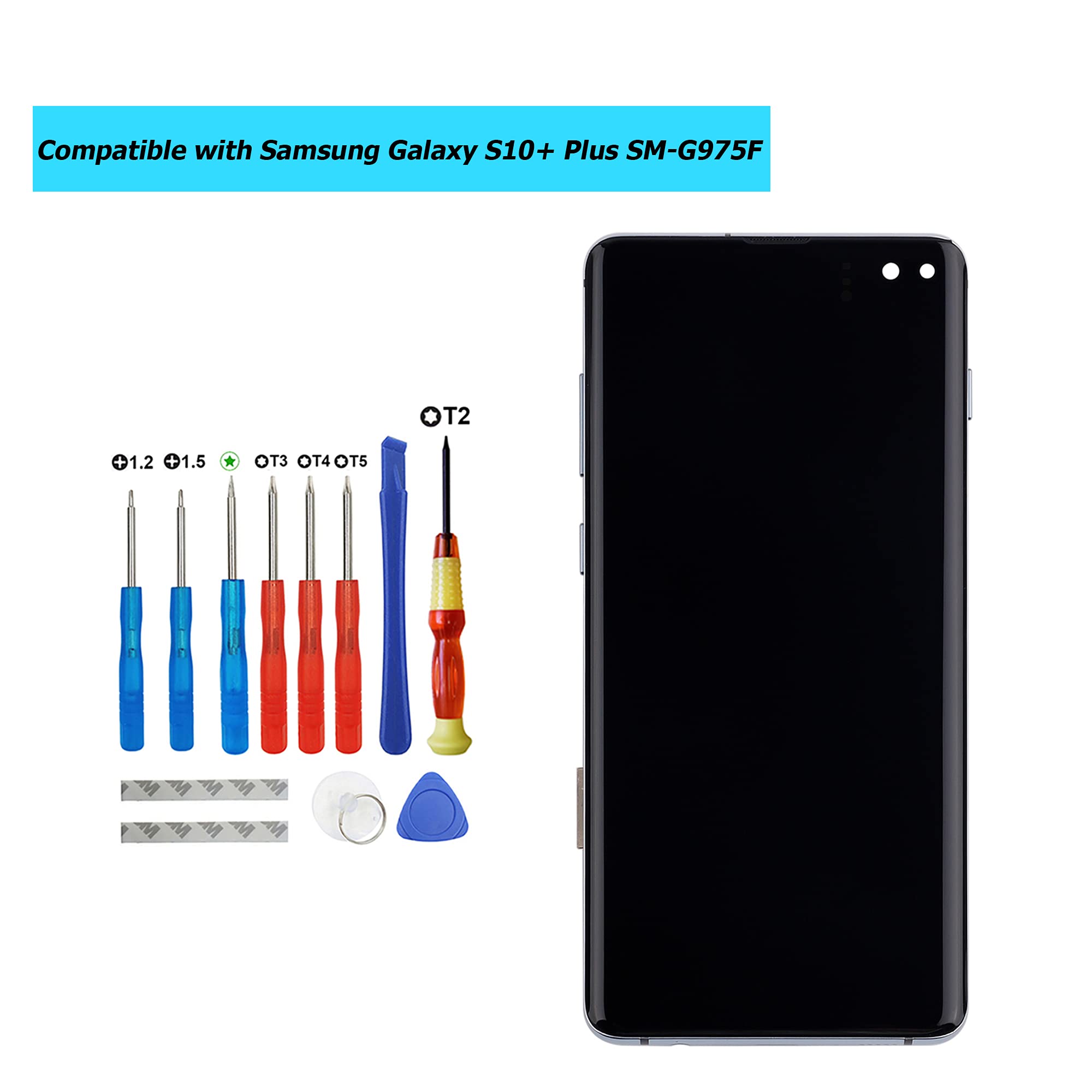 Samsung Galaxy S10+ Plus AMOLED LCD Touch Screen Display Replacement - Compatible with SM-G975F SM-G975U SM-G975W Models (Blue with Frame & Tools) - Perfect for DIY Phone Repair & Screen Replacement