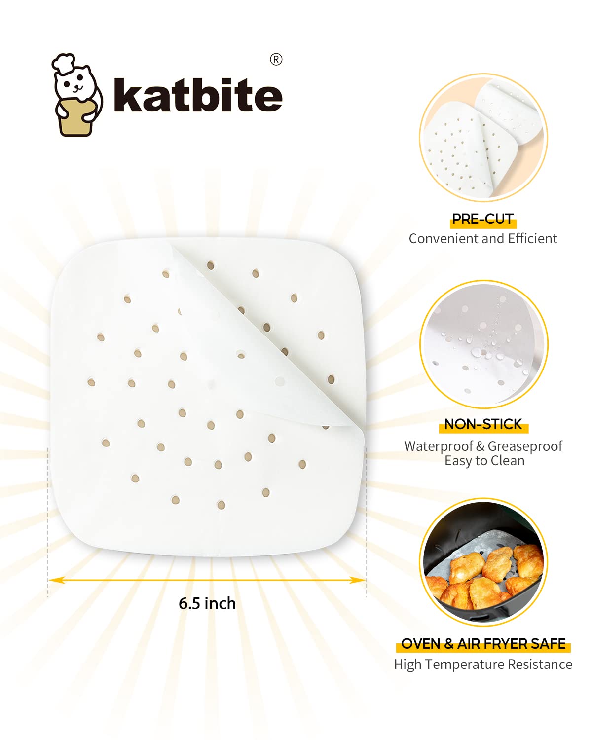 Katbite Heavy Duty Perforated Parchment Paper for Air Fryer - 120Pcs 6.5 inch Square Liners, Non-Stick Baking Sheets for Steaming Basket, Pans, Dumplings, Fish & Dim Sum - Perfect for Air Frying, Cooking & Meal Prep