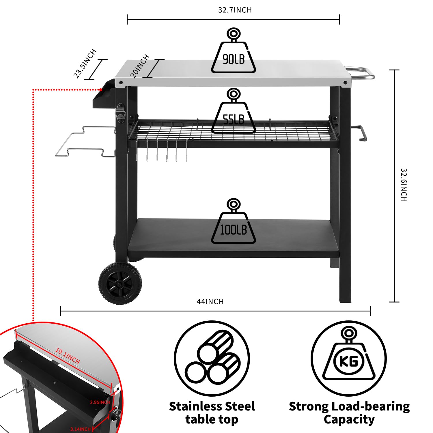 **3-Tier Rolling Kitchen Cart - Portable Outdoor BBQ Grill Table, Pizza Oven Stand with Hooks - Multifunctional Food Prep Island for Indoor & Outdoor Use (Silver) - Perfect for Patio, Picnic & Camping**
