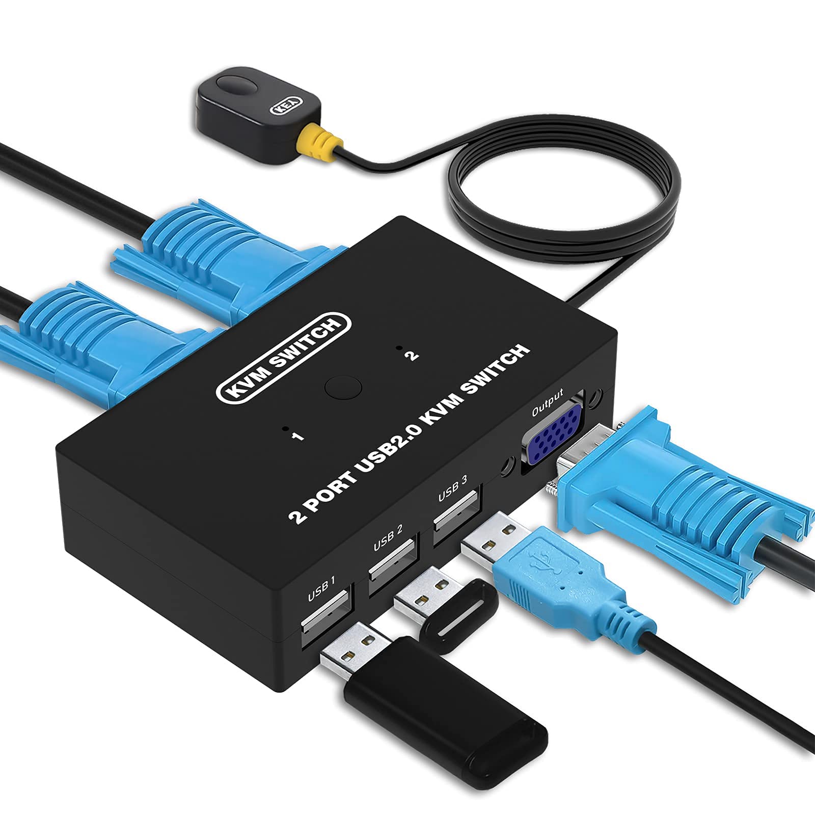 2 Port VGA KVM Switch - Share 1 Monitor & 3 USB Devices (Mouse/Keyboard/Scanner/Printer) with Included Cables | Ideal for Home Office & Multi-PC Workstations