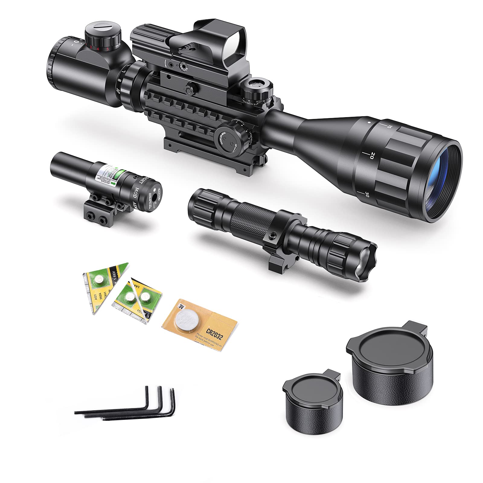 4-16x50AO Rifle Scope with Red/Green Illumination & Green Laser Sight - 5 Brightness Modes, Holographic Reticle Red Dot for Rail Mount - Perfect for Hunting, Target Shooting, and Tactical Operations