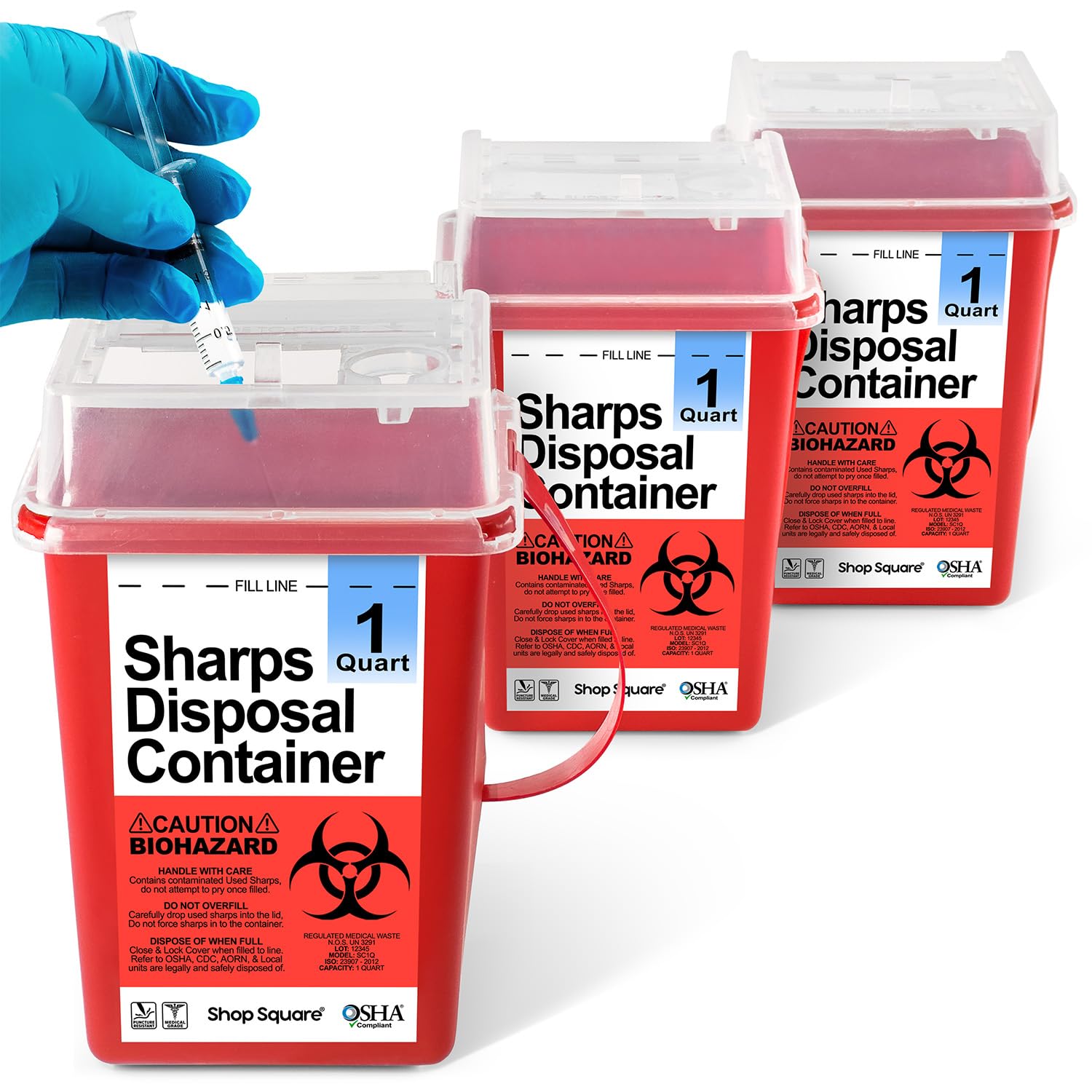 3-Pack 1 Quart Sharps Containers for Home Use - Safe Needle & Biohazard Disposal - Ideal for Diabetics, Pet Meds & Tattoo Artists