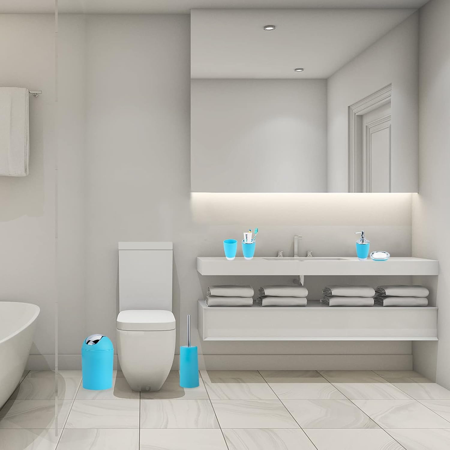 6-Piece Blue Plastic Bathroom Accessories Set - Includes Soap Dispenser, Toothbrush Holder, Trash Can, Soap Dish, Toothbrush Cup & Lotion Bottles - Perfect for Bathroom Organization & Home Decor