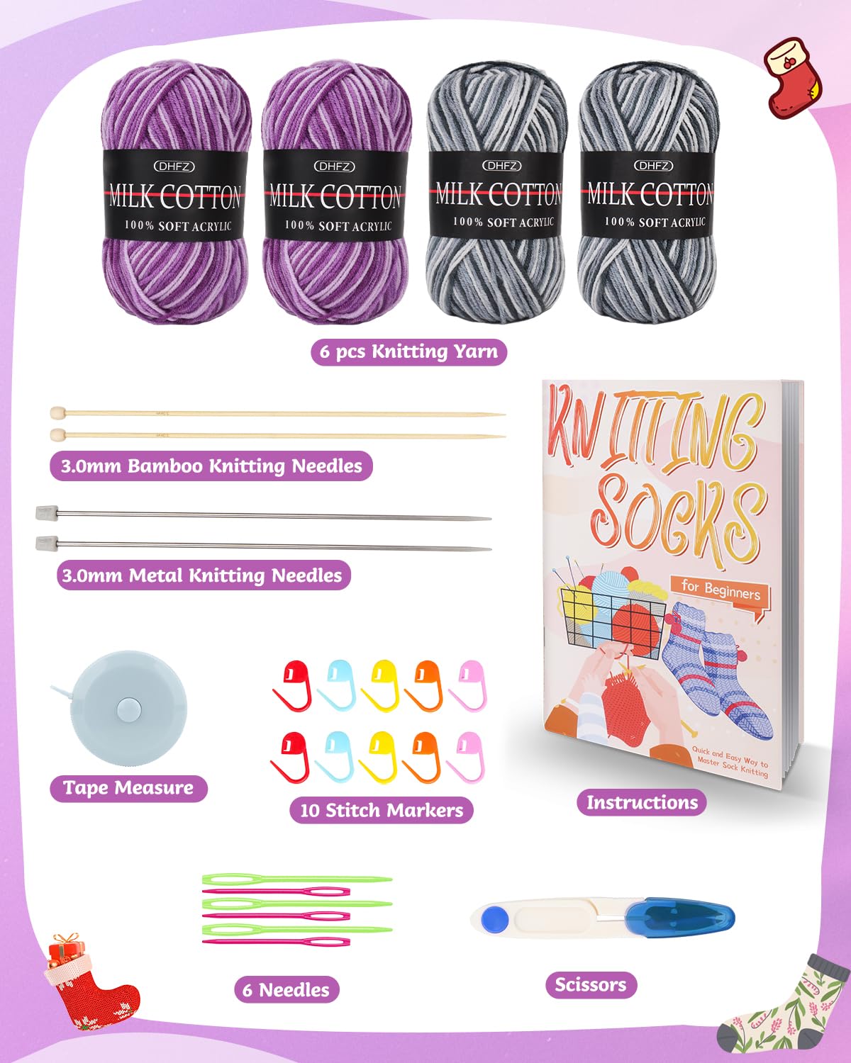 Coopay Complete Knitting Kit for Beginners - Easy Sock Knitting Starter Set with Needles, Yarn & Step-by-Step Instructions - Learn to Knit Various Sizes Socks for Adults & Teens (Gray & Purple) - Perfect for DIY Crafts, Relaxation & Handmade Gifts