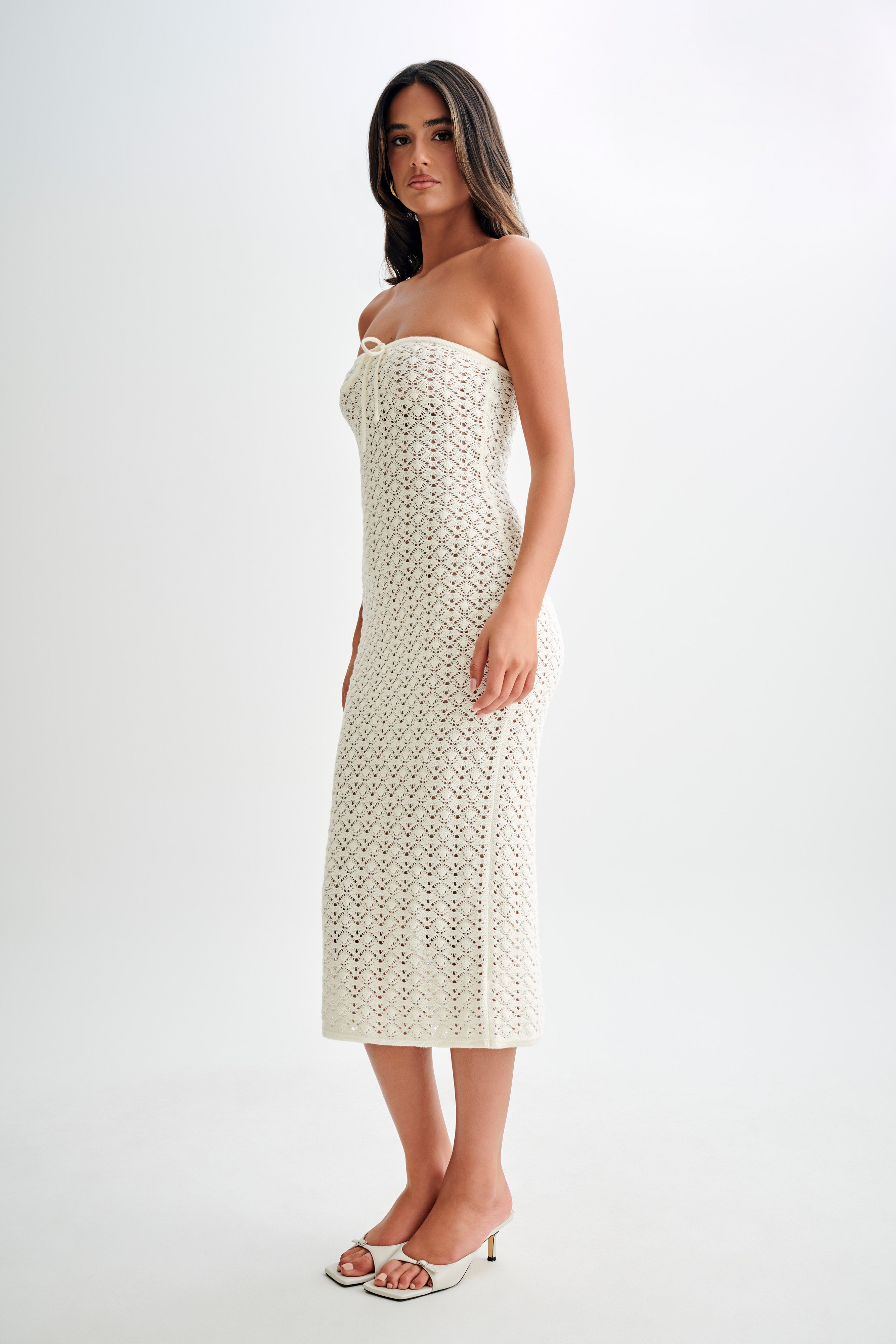 Delia Strapless Knit Midi Dress in Ivory - Elegant Summer Wedding Guest Dress for Beach Parties & Cocktail Events