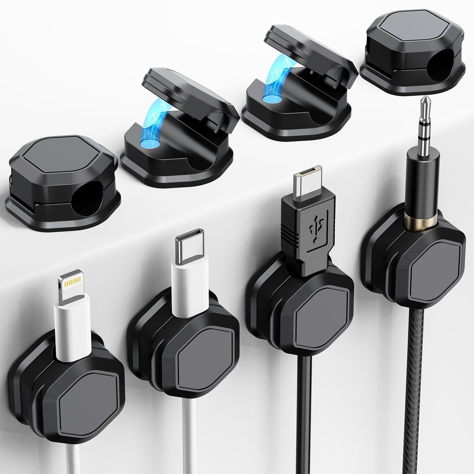 8 Pack Magnetic Cable Clips - Strong Cord Holder for Desk & Nightstand - Wire Organizer for Phone Charger, Computer, Home & Office Use - Perfect for Clutter-Free Workspace & Bedside Charging Station