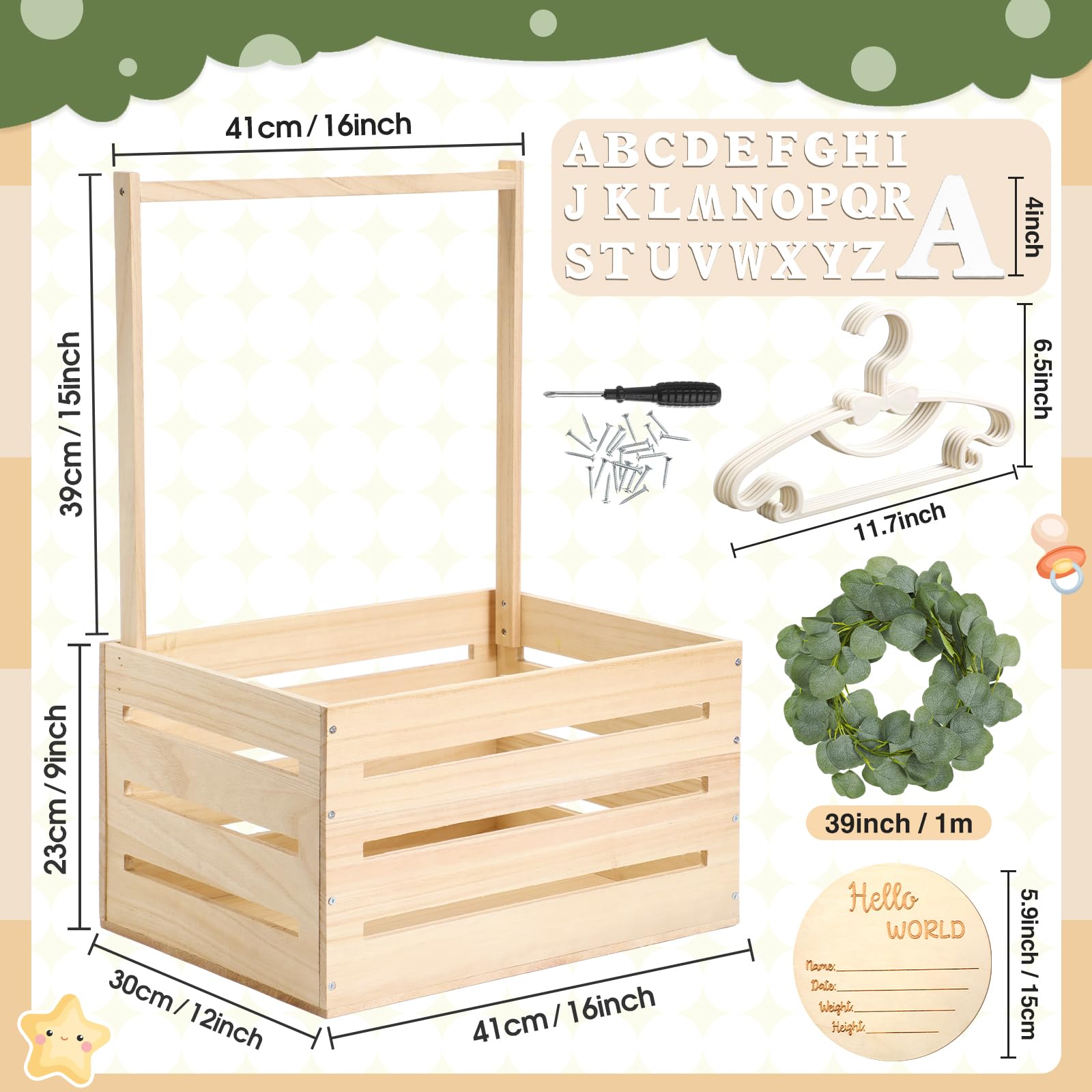 Barydat Wooden Baby Shower Crate with Handle - Baby Announcement Sign Garland Hangers & Large Letters - Perfect for Pregnancy Announcements, New Parent Parties & Nursery Decor (Beige) | Ideal for Baby Showers, Gender Reveals & Nursery Organization