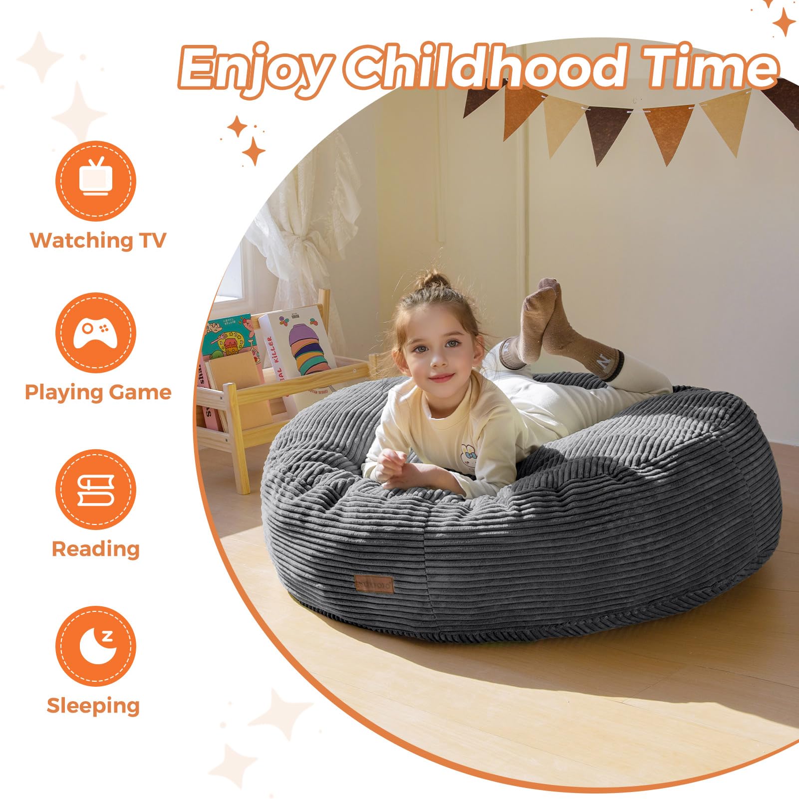 MAXYOYO 3-in-1 Convertible Kids Bean Bag Chair & Bed - Corduroy Round Floor Sofa for Children's Room, Gaming & Reading - Dark Grey - Perfect for Playrooms, Bedrooms & Dorm Rooms