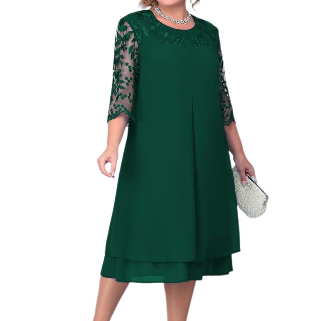 ODIZLI Plus Size Women's Chiffon Cocktail Dress - Elegant Half Sleeve Pleated Midi Dress for Wedding Guest, Party, Evening Events & Special Occasions | Flattering A-Line Silhouette for Formal Gatherings