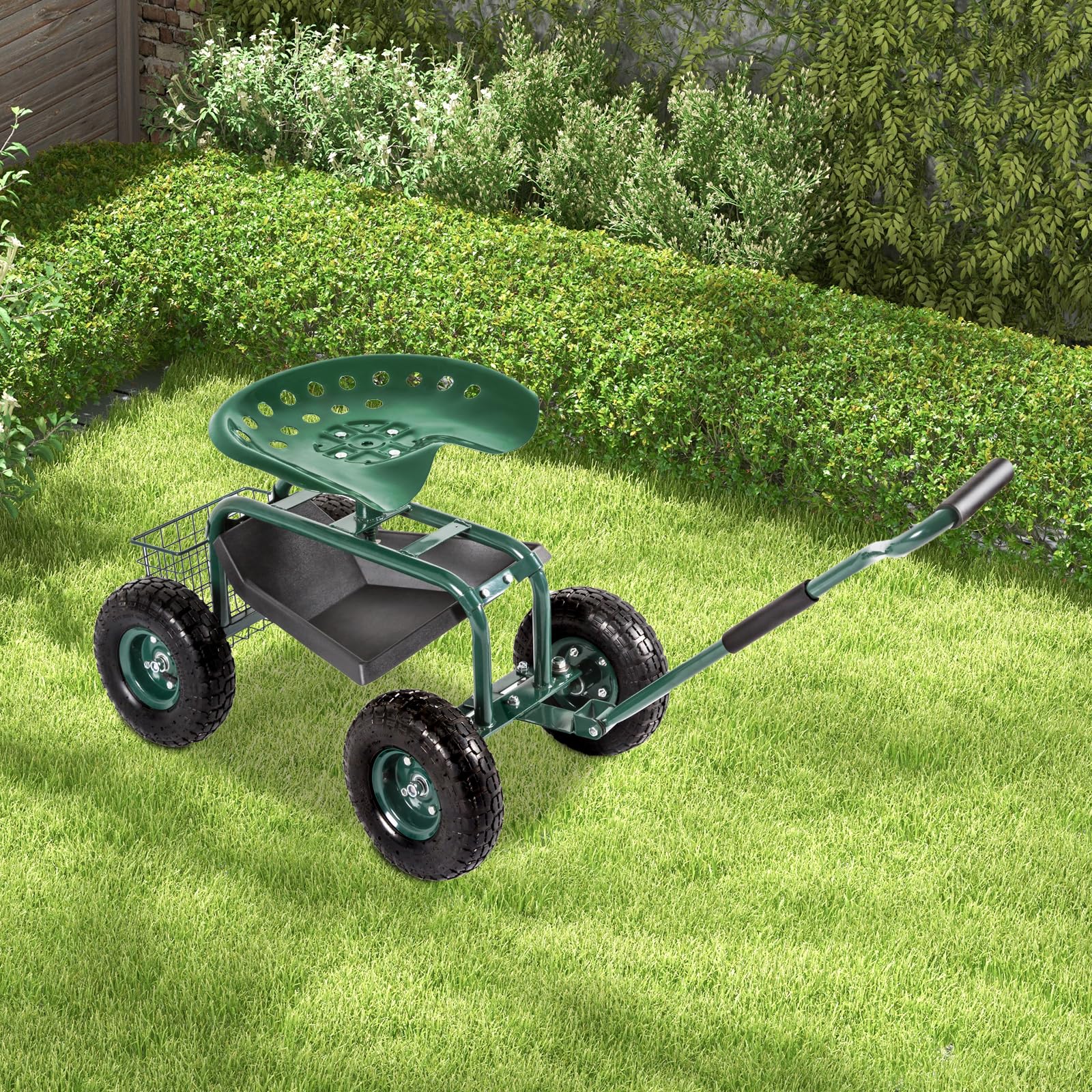 Heavy Duty Garden Cart with Wheels - Outdoor Rolling Work Seat & Patio Wagon Scooter for Planting, Gardening, and Yard Work - Includes Tool Tray for Convenient Storage (Perfect for Landscaping, Farming, and Home Garden Maintenance)