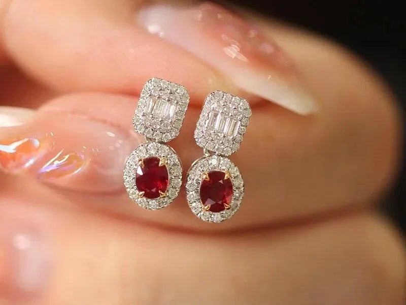 18K White & Yellow Gold Ruby Earrings for Women – Oval T-Square Diamond Jewelry – Perfect for Weddings, Anniversaries & Special Occasions