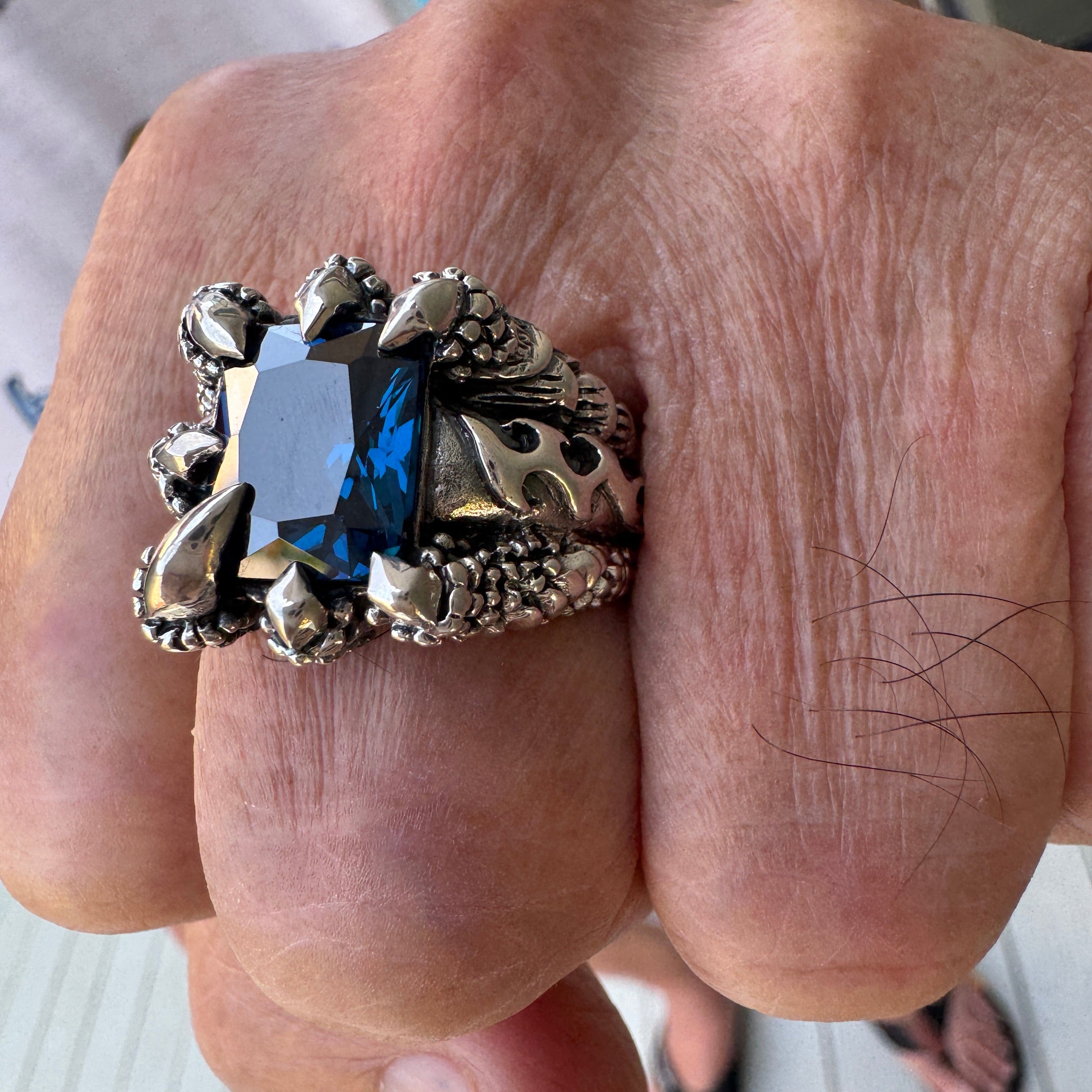 Blue Topaz Flame Blade Eagle Claw Sterling Silver Ring for Men - Elegant Gemstone Jewelry for Gifts, Weddings & Special Occasions