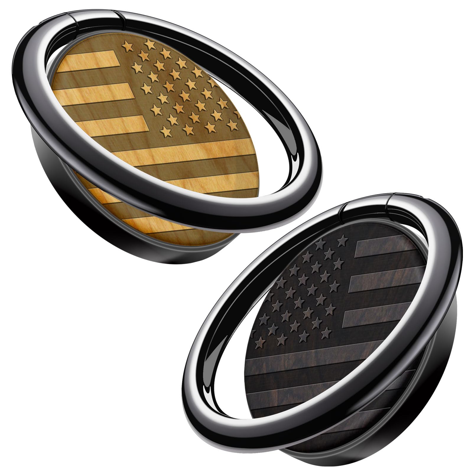 Premium Wooden Phone Ring Holder - Carveit Finger Stand Grip & Kickstand for iPhone 16 Pro Max/15/14/13, Galaxy S24 Ultra/S23, Pixel 9 (Blackwood+Cherry/Black/American Flag) - 2 Pack - Perfect for Workouts, Commuting & Hands-Free Viewing