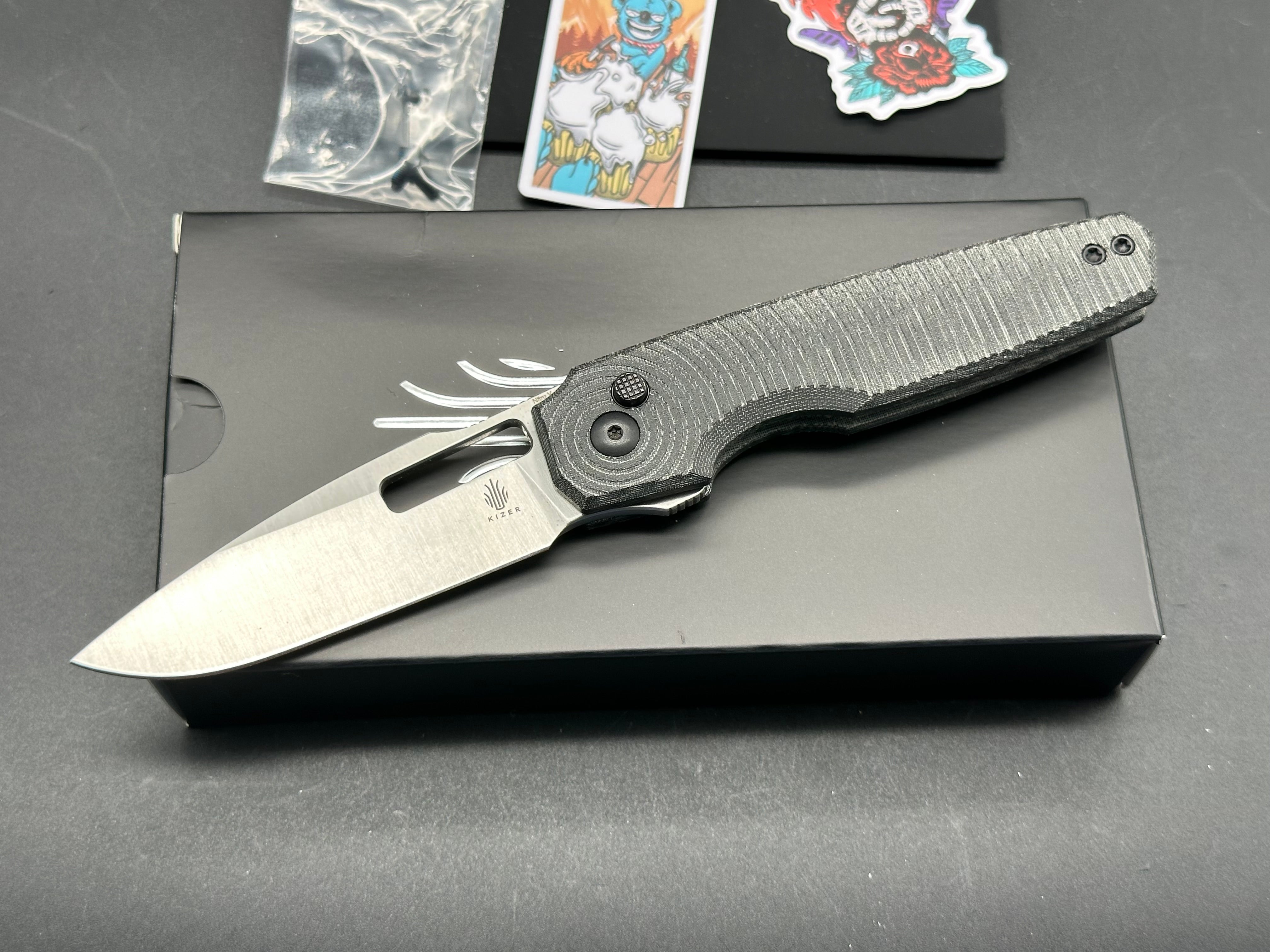 KIZER DOGFISH Button Lock Folding Knife - Black Micarta Handle, Nitro-V Steel Blade, Drop Point Plain Edge - EDC, Outdoor, Camping & Survival Knife