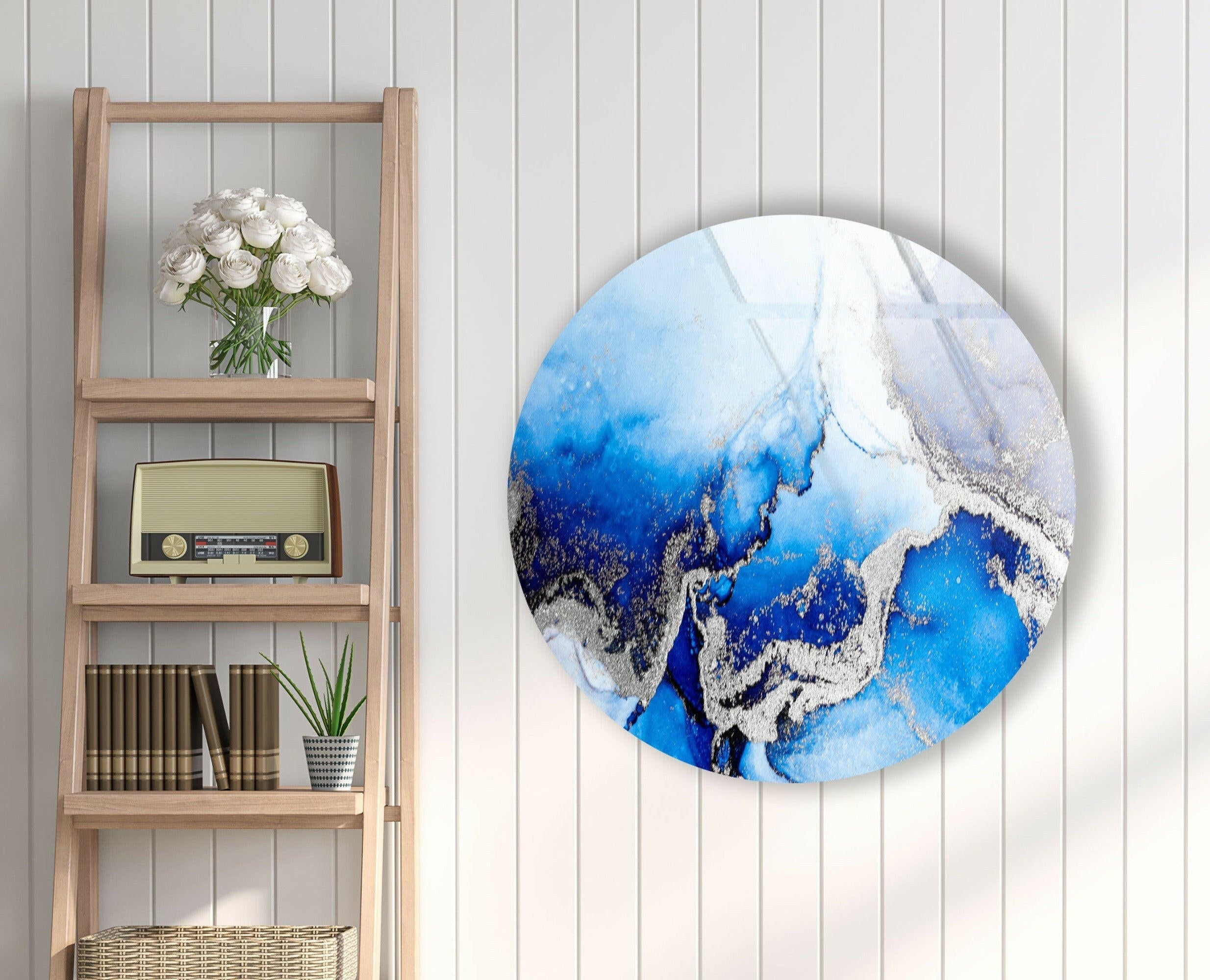 Blue Marble Round Glass Wall Art with Silver Accents - Elegant Home Decor for Living Room, Bedroom & Office