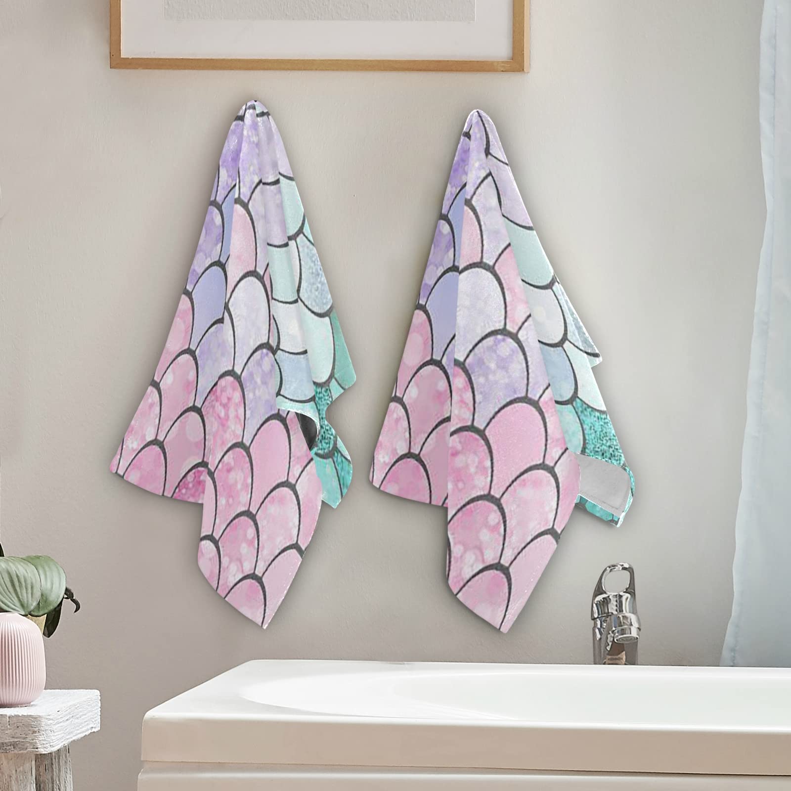 Wamika Mermaid Scale Bath Towel Set - Super Absorbent Hand & Dish Towels (2 Pack, Pink & Turquoise) for Kitchen, Bathroom & Beach Use