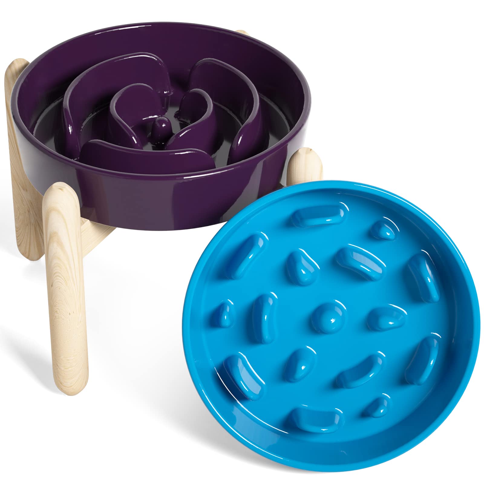 LE TAUCI Ceramic Slow Feeder Raised Dog Bowls with Wooden Stand - Puzzle Feeder for Medium Dogs - 8 Inch Anti-Gulping Elevated Pet Dish - Perfect for Fast Eaters & Digestive Health - Great for Home, Kitchen or Outdoor Use