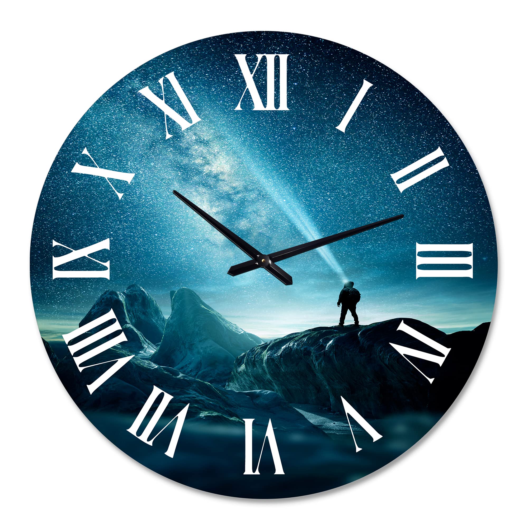 DesignQ Modern Wall Clock - 'A Man Shining Light Into Night Sky' Large Landscape Nature Wall Art for Bedroom, Living Room & Office Decor | Perfect for Home, Office & Gift Giving