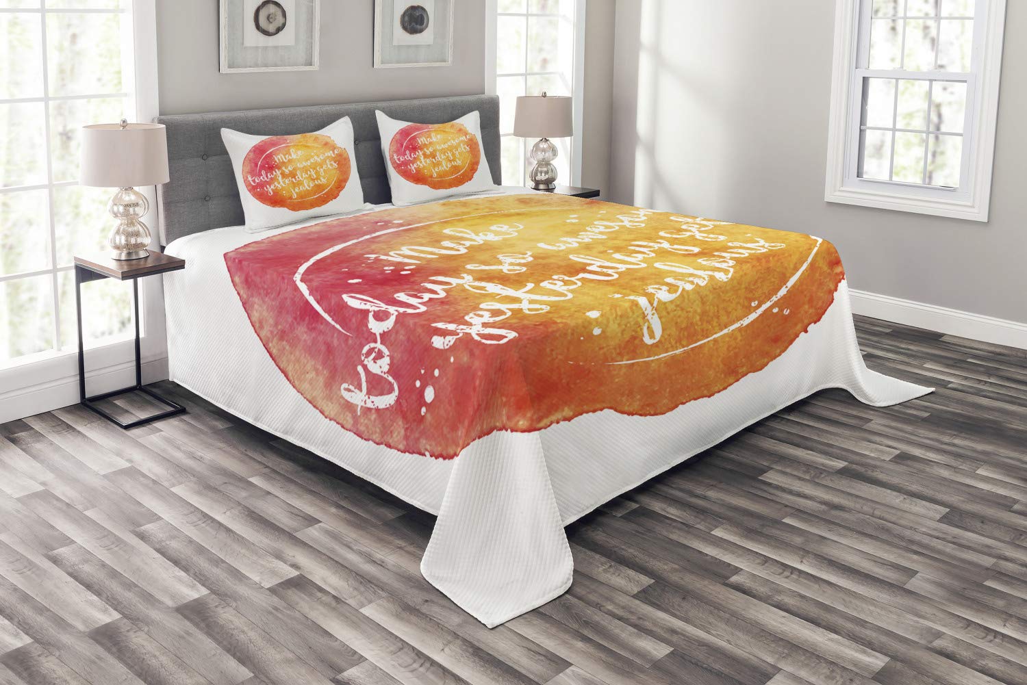 Ambesonne 3-Piece King Size Bedspread Set with 2 Pillow Shams - Grunge Style Happiness Quote on Vibrant Dark Coral Orange Yellow Background - Perfect for Modern Bedroom Decor & Guest Room Styling
