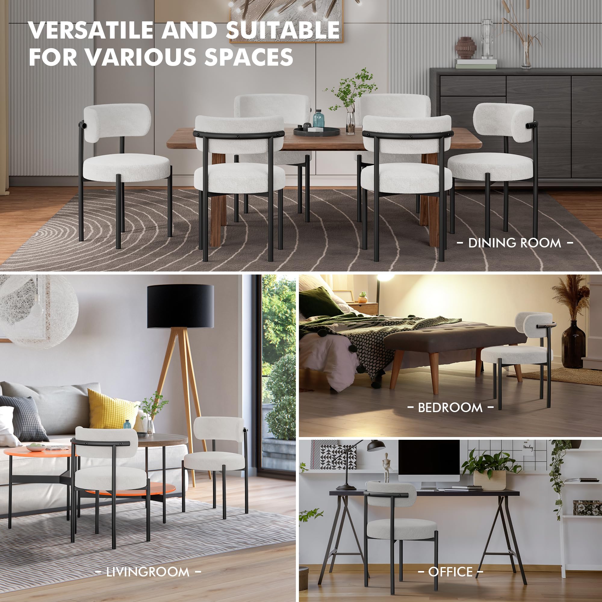 Boucle Dining Chairs Set of 4 - White Mid Century Modern Upholstered Chairs with Curved Backrest & Metal Legs | Cozy Sherpa Fabric | Perfect for Kitchen, Dining Room, Breakfast Nook & Small Spaces