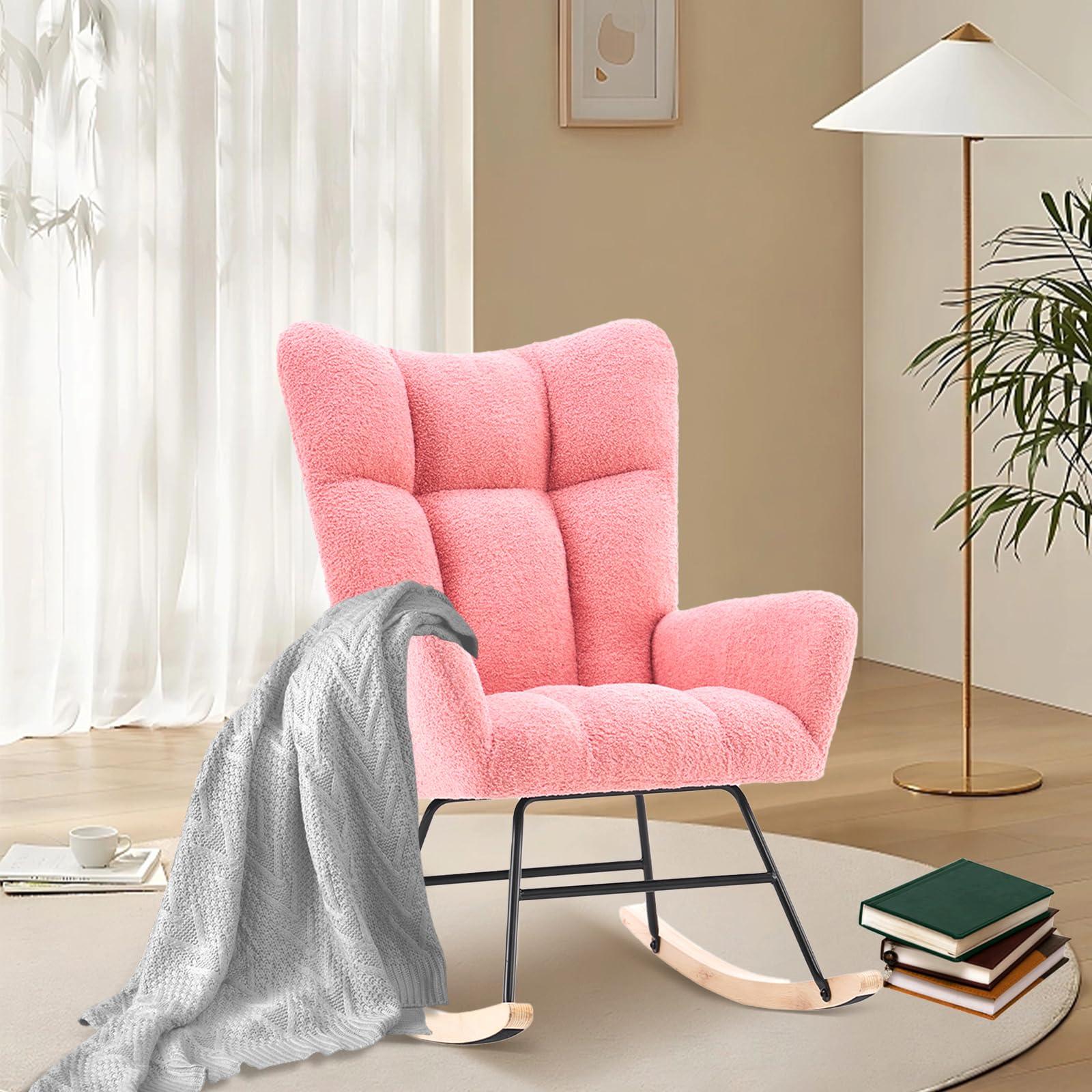 **Comfy Teddy Upholstered Nursery Rocking Chair with High Backrest & Armrests - Wooden Base Rocker for Baby Nursery, Living Room, Bedroom - Perfect for Nursing, Reading & Relaxing (Pink)**