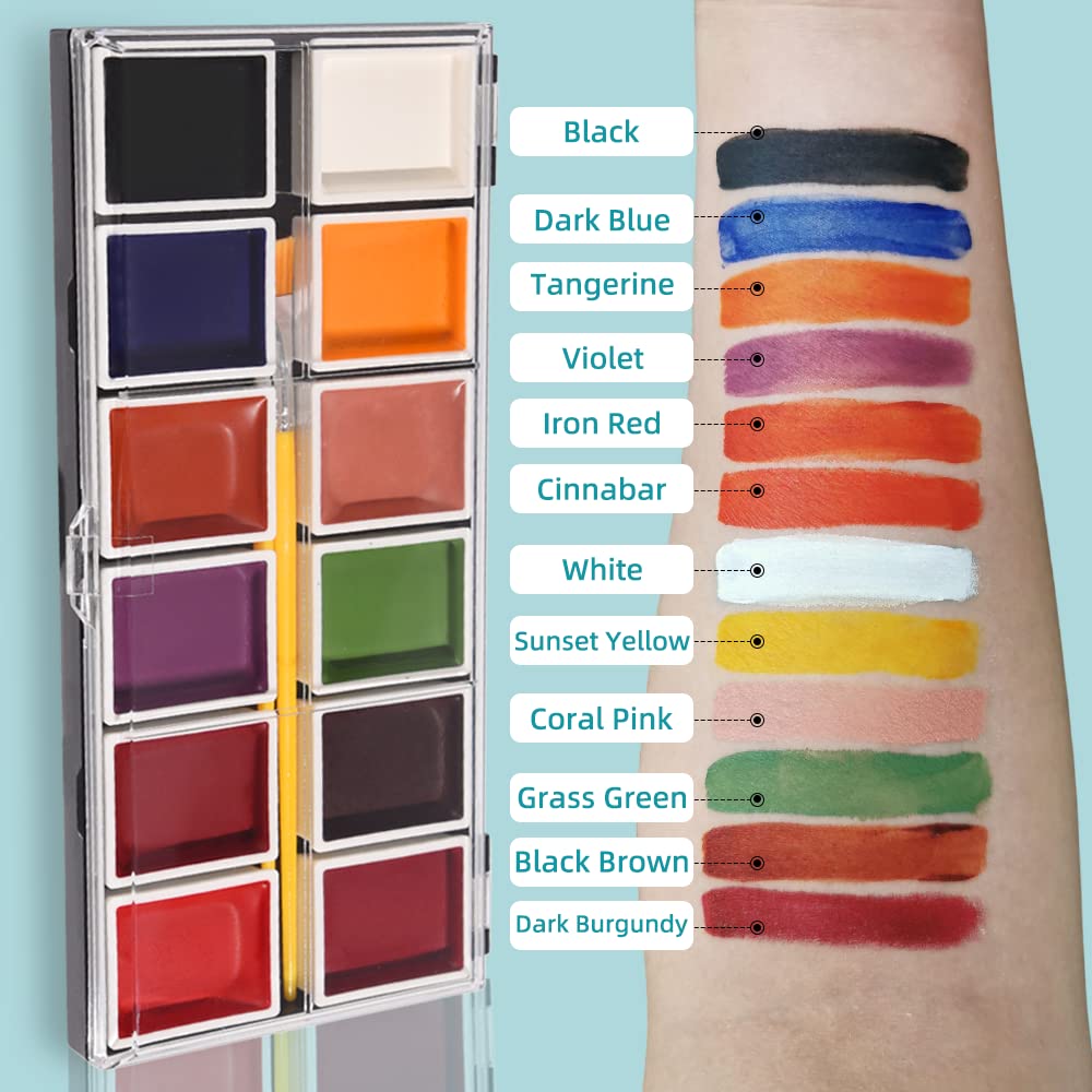 12 Colors Alcohol Activated Makeup Palette Set with Mimic Wound Sponge Egg - Professional SFX Halloween & Theater Makeup Kit for Special Effects, Cosplay and Costume Parties