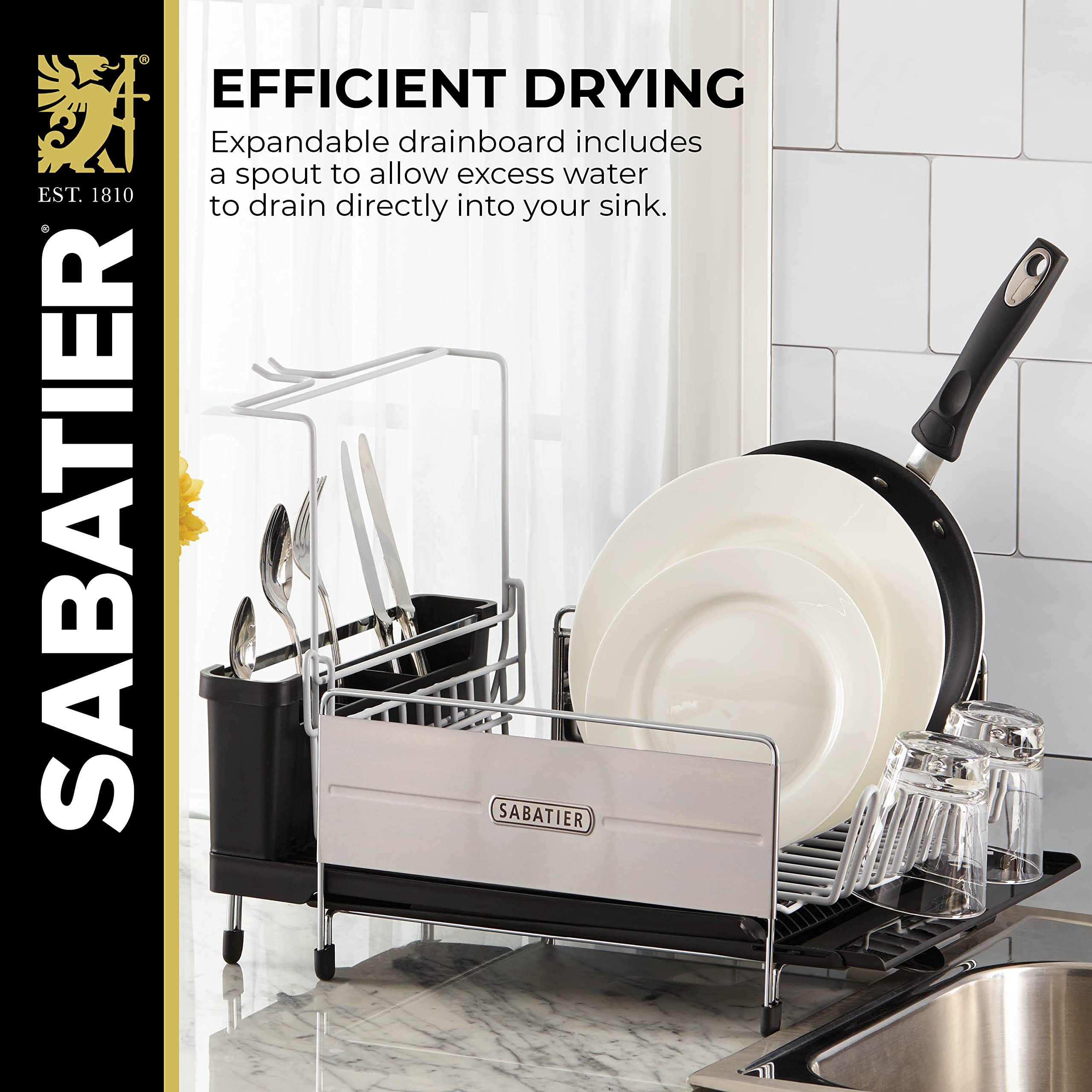 Sabatier Expandable Stainless Steel Dish Rack - Rust-Resistant Soft Coated Wires, Bi-Directional Spout, Utensil Caddy & Removable Stemware Holder - Perfect for Kitchen Countertop, Sink Side & Small Space Organization