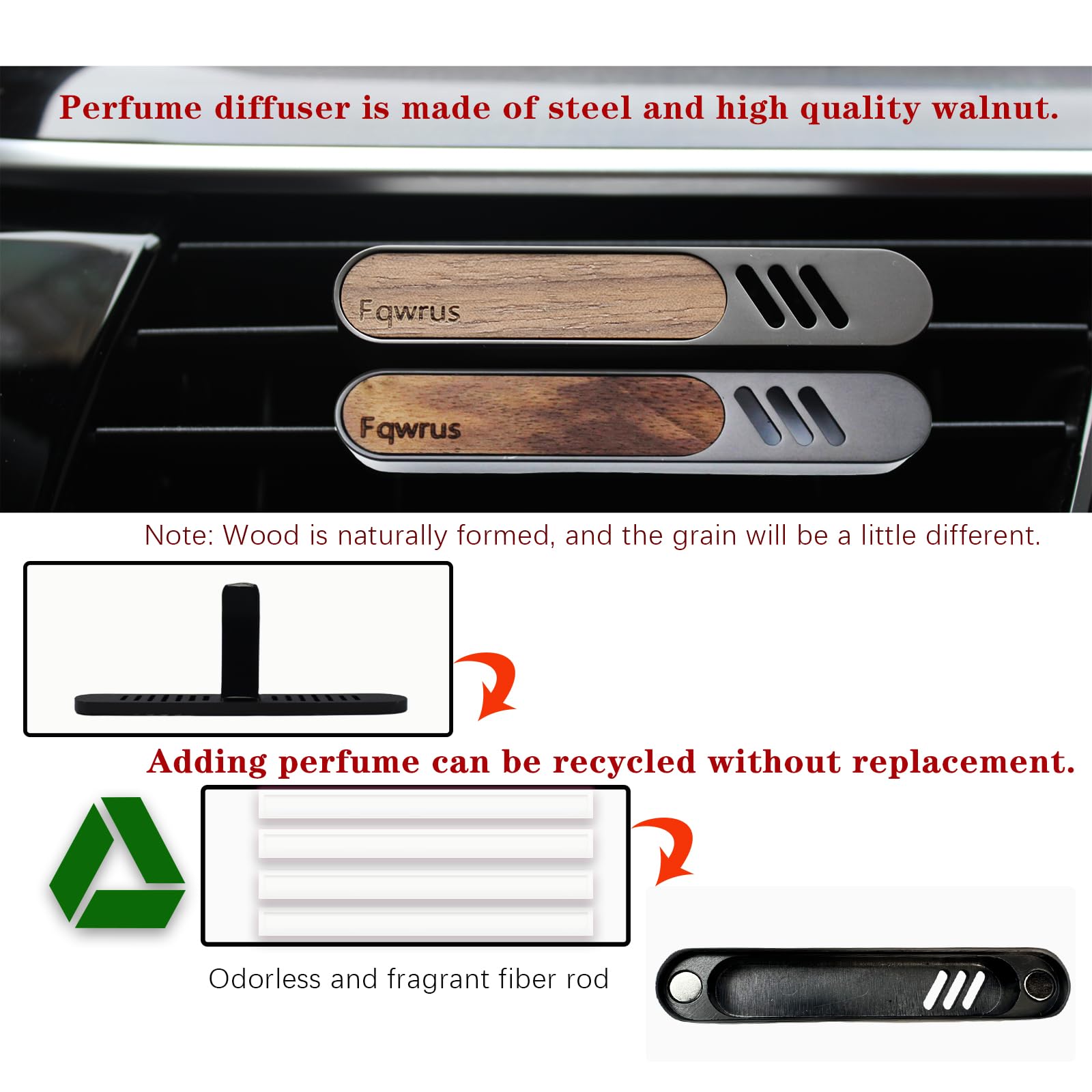 Premium Car Air Freshener Vent Clip - Aromatic Car Perfume Diffuser for Women & Men - Includes 4 Sponge Sticks & 1 Perfume Dropper (Metal+Walnut, 2 Pack) - Perfect for Cars, Trucks & Office Spaces
