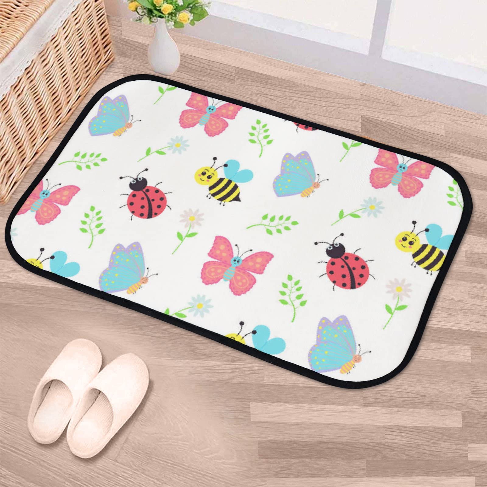 Soft Foam Non-Slip Washable Area Rugs - Cute Butterfly, Bee & Ladybug Design for Kitchen, Bathroom - Indoor/Outdoor Home Decor (23.6x15.7 Inches) - Perfect for Kids' Rooms, Nursery, Dorm & Pet-Friendly Spaces