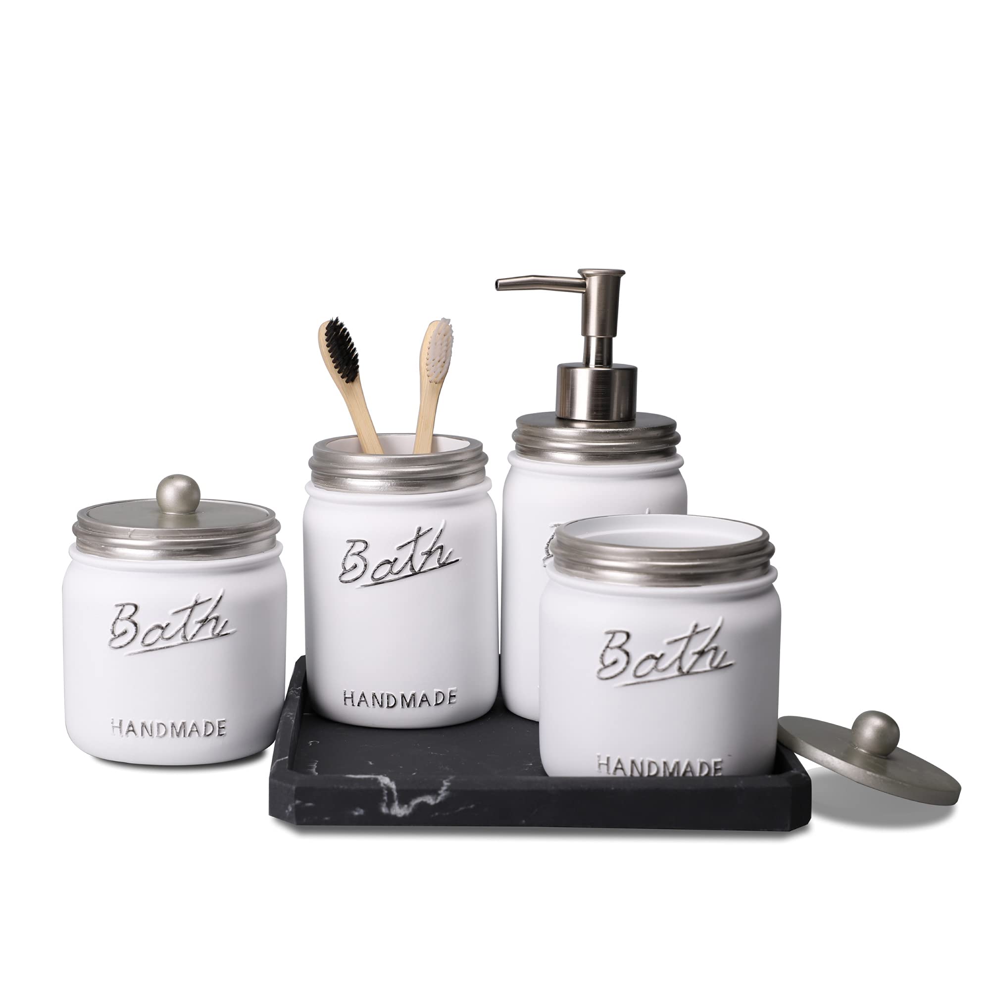 5PCS Mason Jar Bathroom Accessories Set - Toothbrush Holder, Soap Dispenser, Vanity Tray & Cotton Swab Organizer - Rustic Farmhouse Bathroom Decor (Silver/White) for Spa-Like Vanity Organization