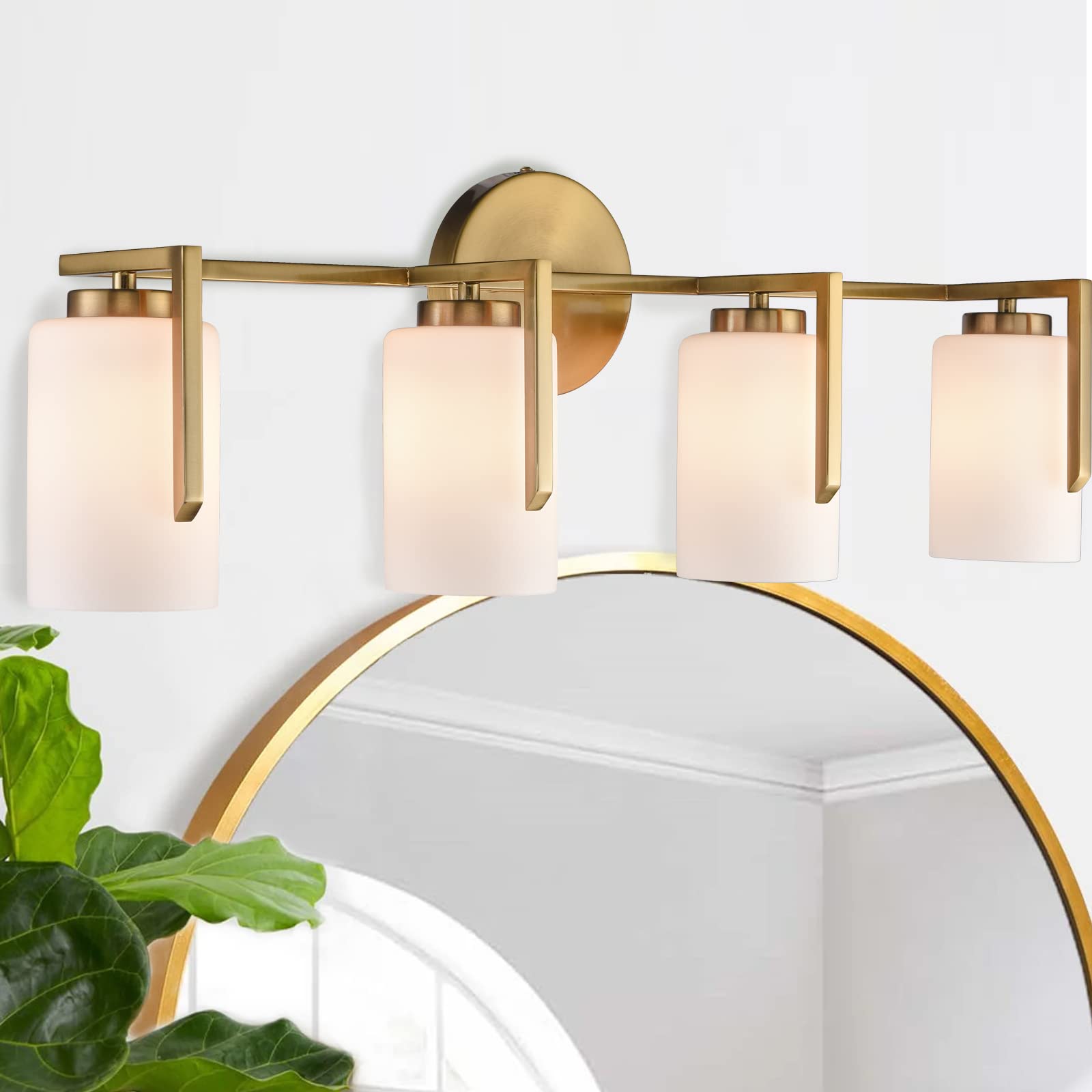 Farmhouse Gold Vanity Light - 4-Light Bathroom Mirror Lighting Fixture with Opal Glass Cylinders for Modern & Rustic Decor | Perfect for Bathroom, Powder Room & Dressing Area