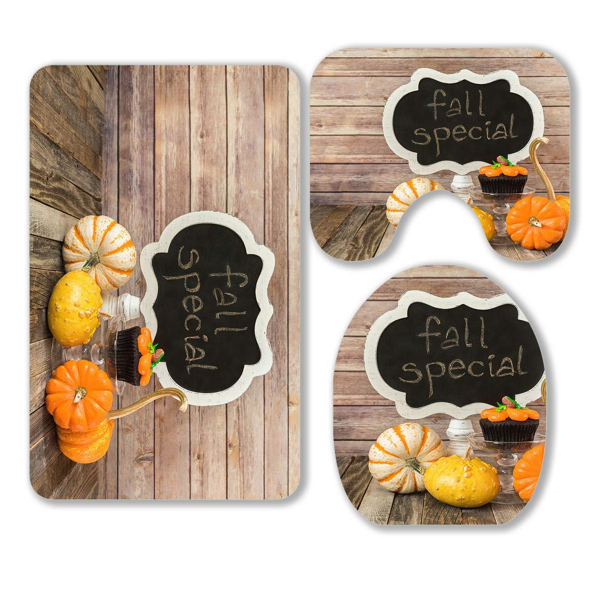 ECZJNT 3-Piece Bathroom Rug Set - Non-Slip Chalkboard Sign Pumpkin Muffin Design, Contour Mat & Toilet Lid Cover - Fall Decor for Farmhouse, Vintage, or Halloween Bathroom Decorating