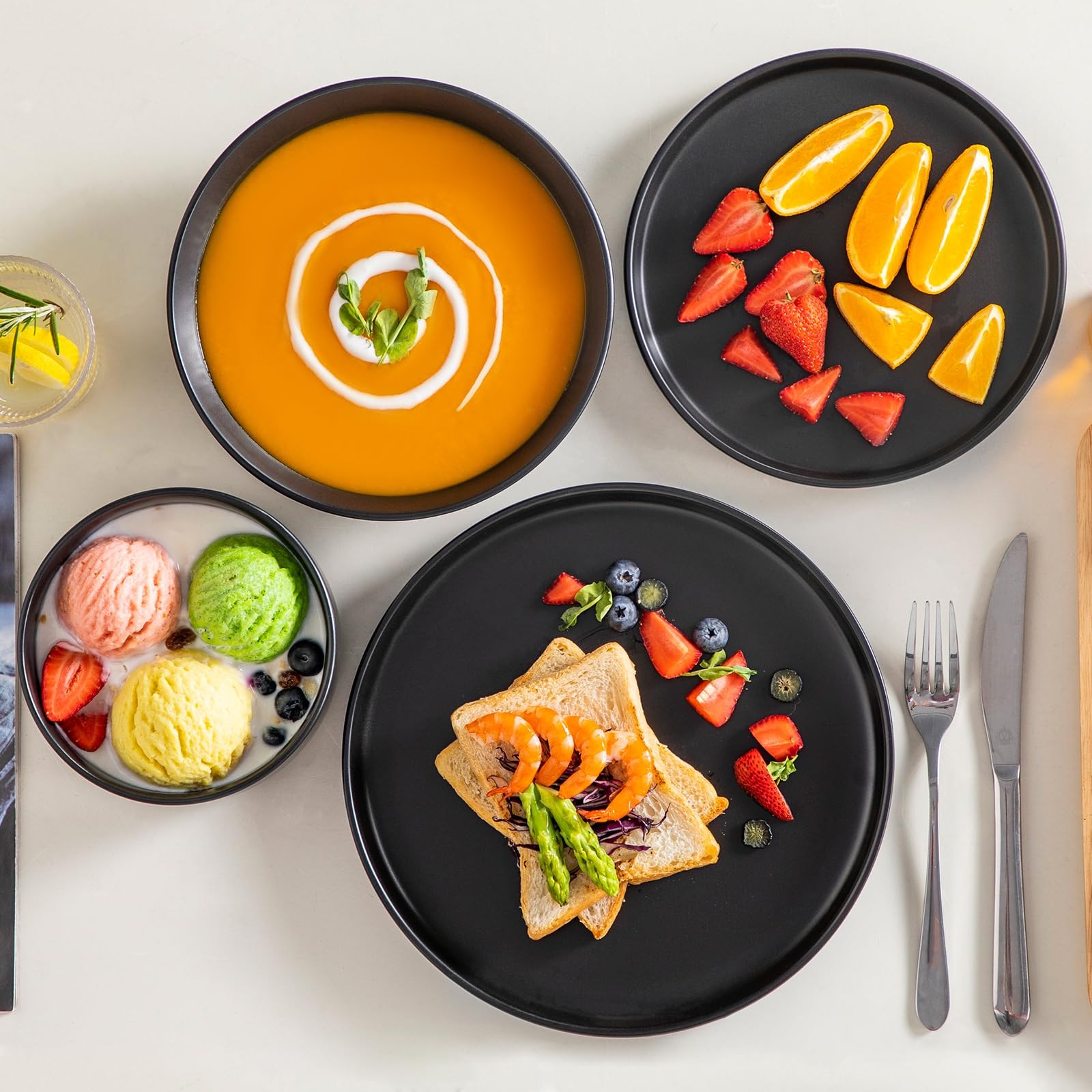 Vancasso PLAYA Series 24-Piece Black Stoneware Dinner Set - Matte Plates & Bowls for 6 People (6 Dinner Plates, 6 Dessert Plates, 6 Soup Bowls, 6 Cereal Bowls) - Elegant Tableware for Restaurants, Weddings & Family Dining