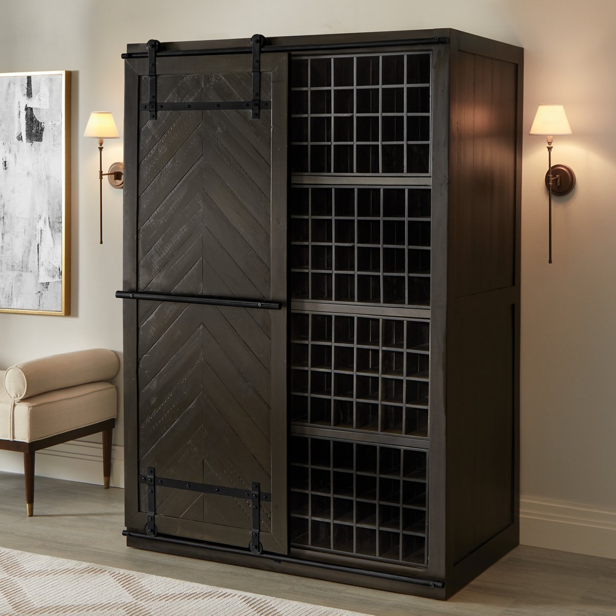 Rustic Black Sliding Barn Door Armoire - Solid Wood Wardrobe Closet with Mesa Design for Bedroom, Living Room & Entryway Storage