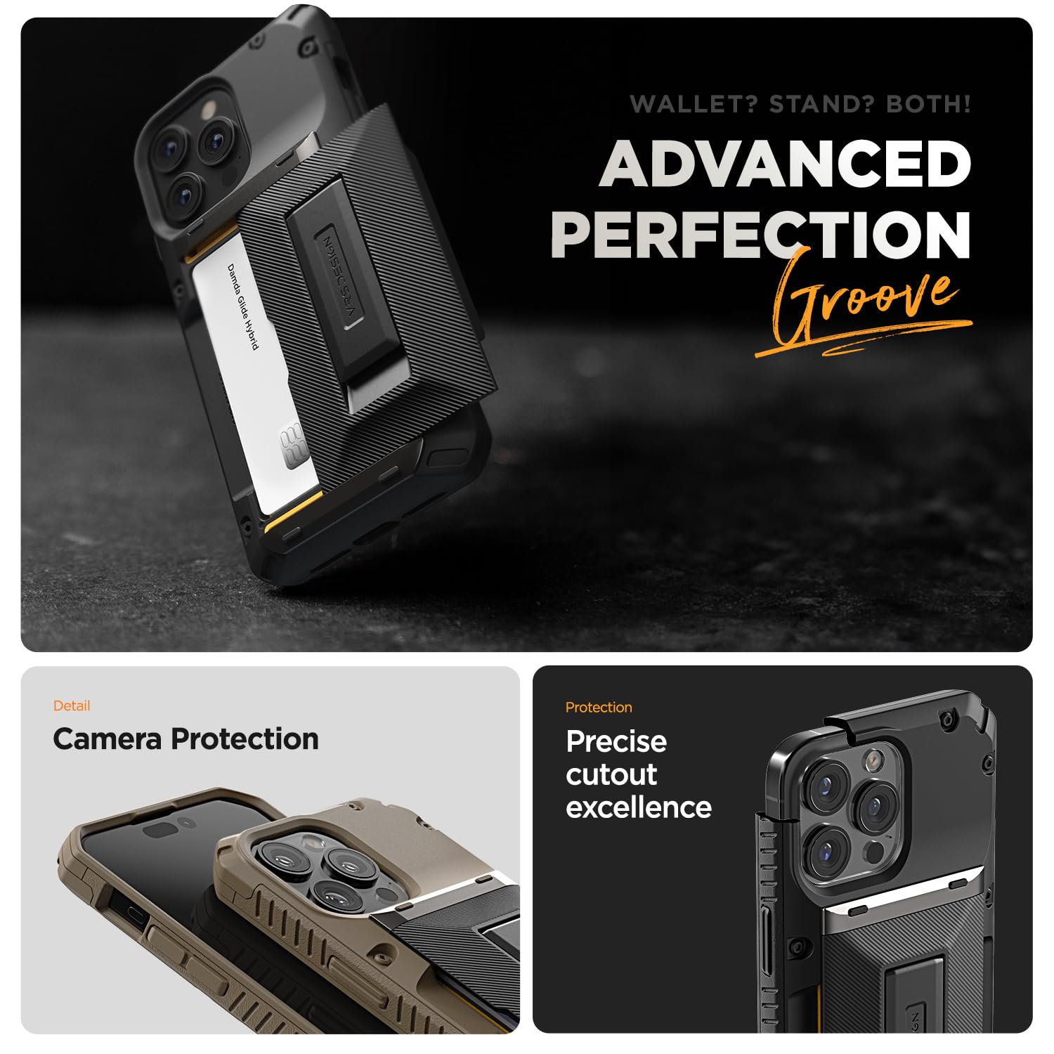 VRS DESIGN Damda Glide Hybrid Phone Case for iPhone 15 Pro Max (2023) - Slim Protective Cover with Built-in Wallet, Card Holder & Kickstand | Shockproof & Durable | Groove Black | Perfect for Work, Travel & Everyday Use