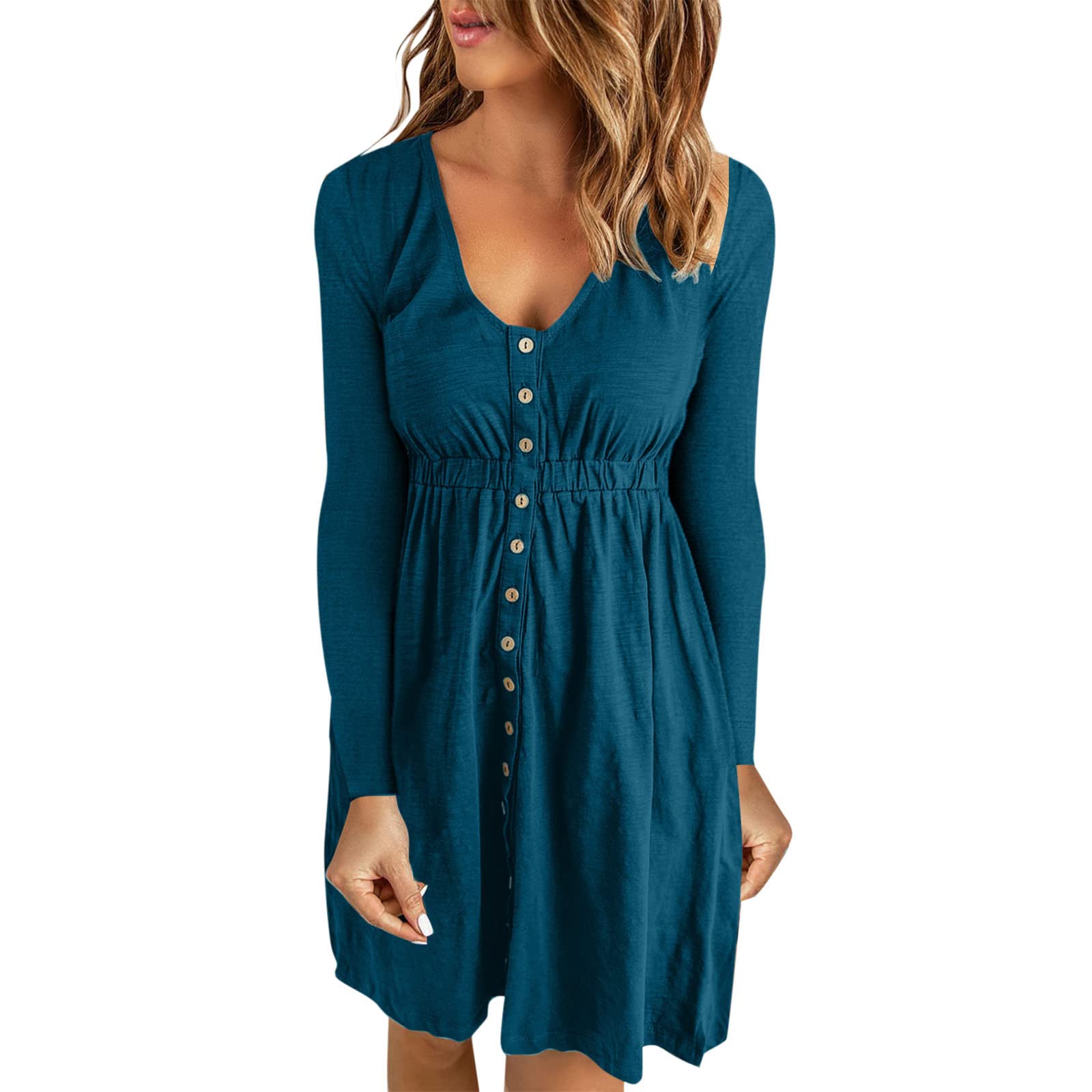 OJinShaWanO Women's Spring Maxi Dress - Casual V-Neck Long Sleeve Button Down A-Line Dress with Elastic Waist | Perfect for Summer Outings, Beach Vacations & Date Nights
