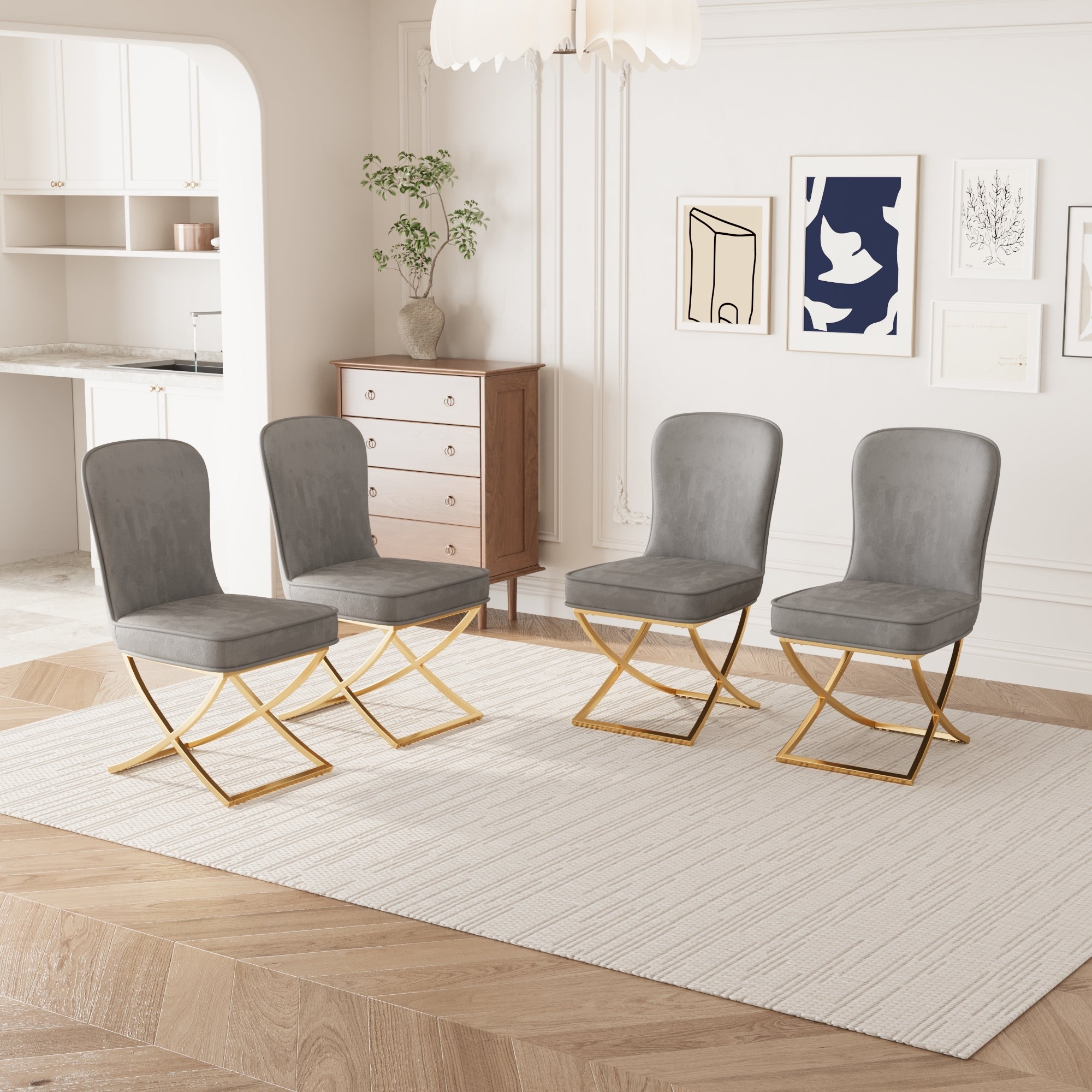 4-Piece Grey Velvet Dining Chair Set with Golden Metal Legs - Modern Kitchen, Living Room, Office & Leisure Chairs for Home Decor