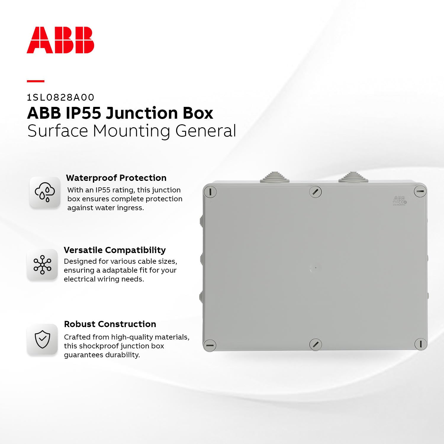 **ABB IP55 Waterproof Junction Box - Shockproof Electrical Cable Connector with Cable Glands (310x240x110mm) for Indoor & Outdoor Use - Ideal for Industrial, Marine, and Harsh Environment Wiring**
