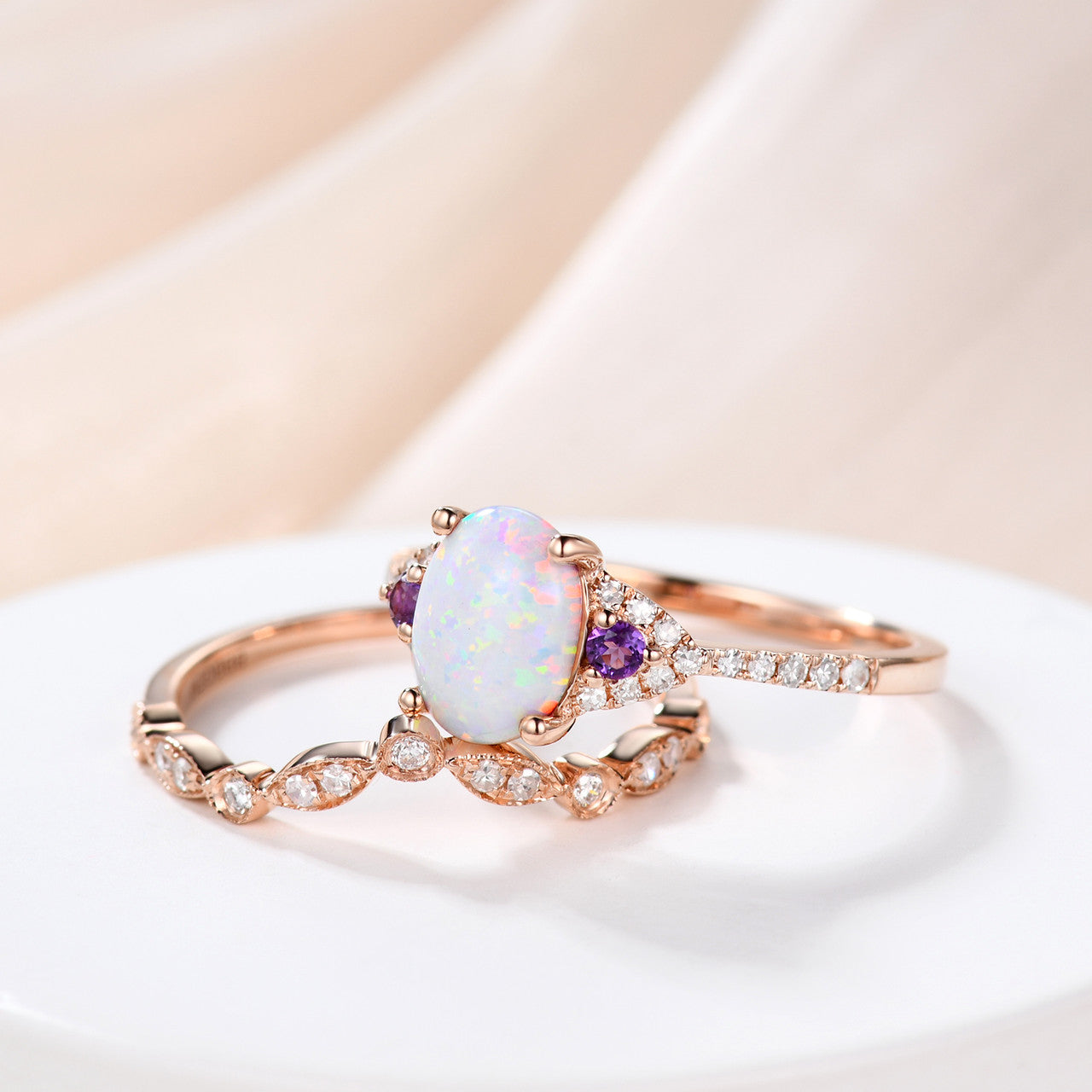 Vintage Art Deco Oval Opal Diamond Engagement Ring for Women - 14K Rose Gold Wedding Band with Amethyst Accent - Perfect for Proposals, Anniversaries & Special Occasions