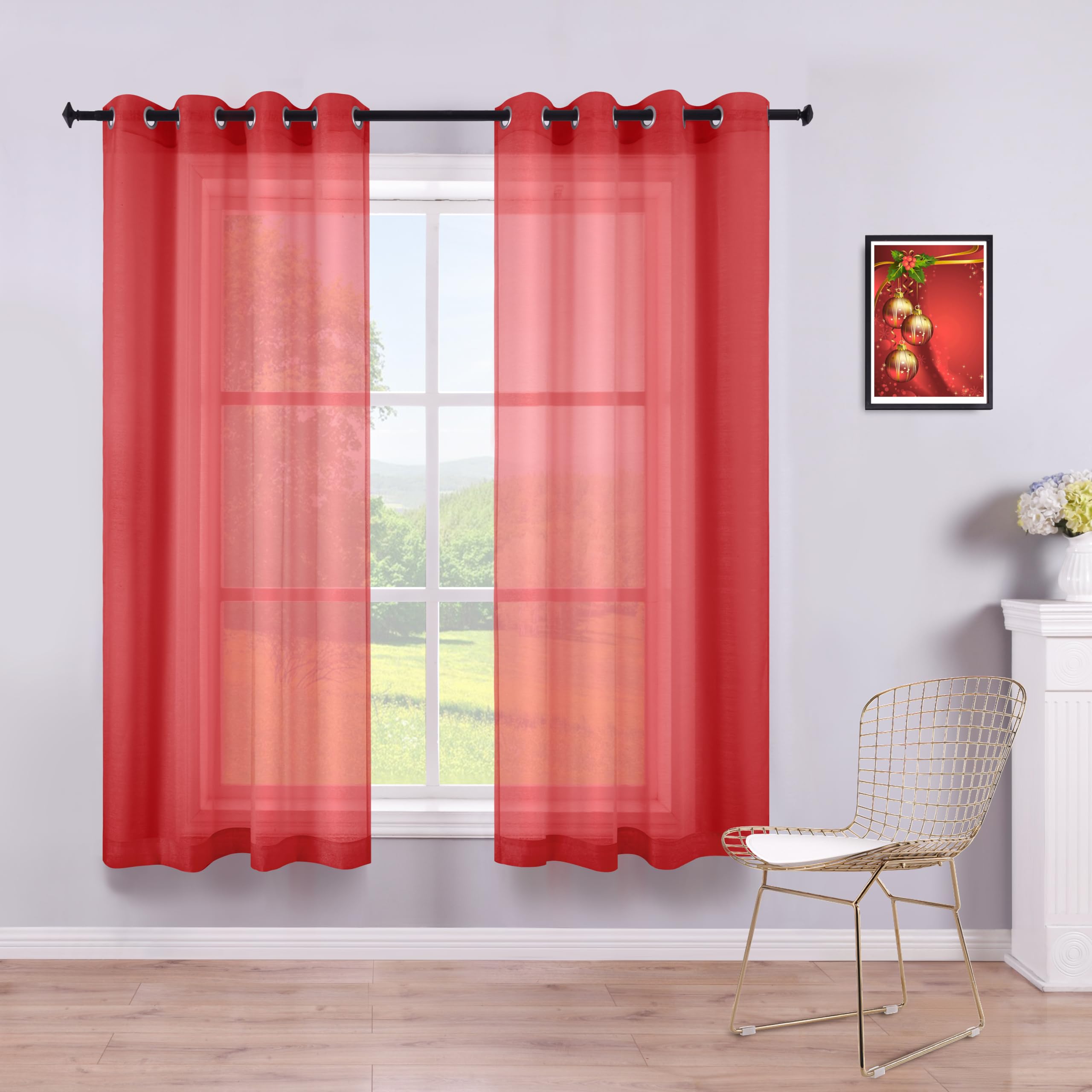 KOUFALL 45 Inch Red Sheer Curtains Set of 2 Panels - Grommet Top Voile Drapes for Kitchen, Bathroom, Boys Bedroom & Small Windows (52x45 Inches) - Light Filtering, Privacy & Stylish Home Decor