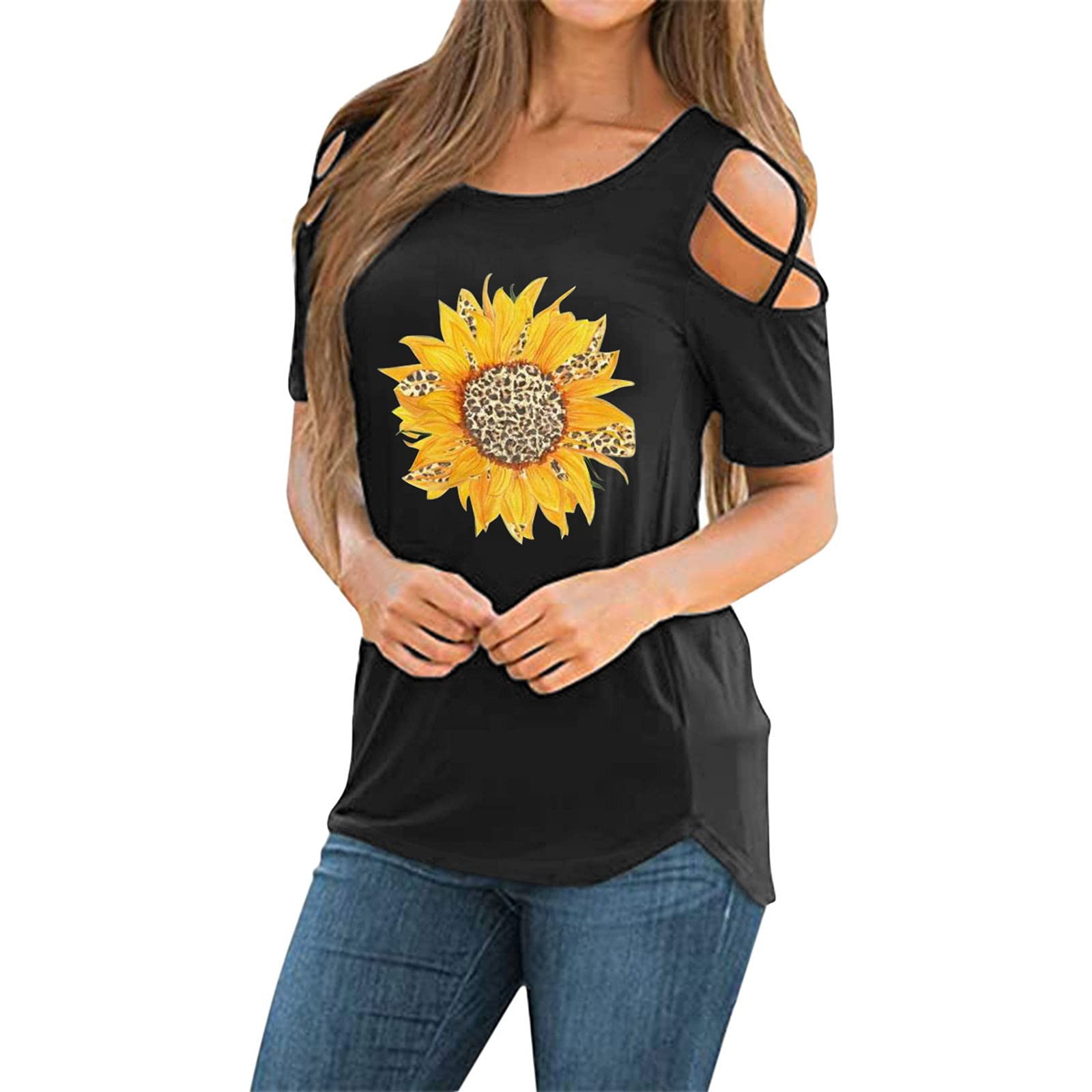 Women's Short Sleeve T-Shirts - American Flag & Sunflower Summer Tops for 4th of July | Casual Strappy Cold Shoulder Tees for Beach, BBQ & Outdoor Activities