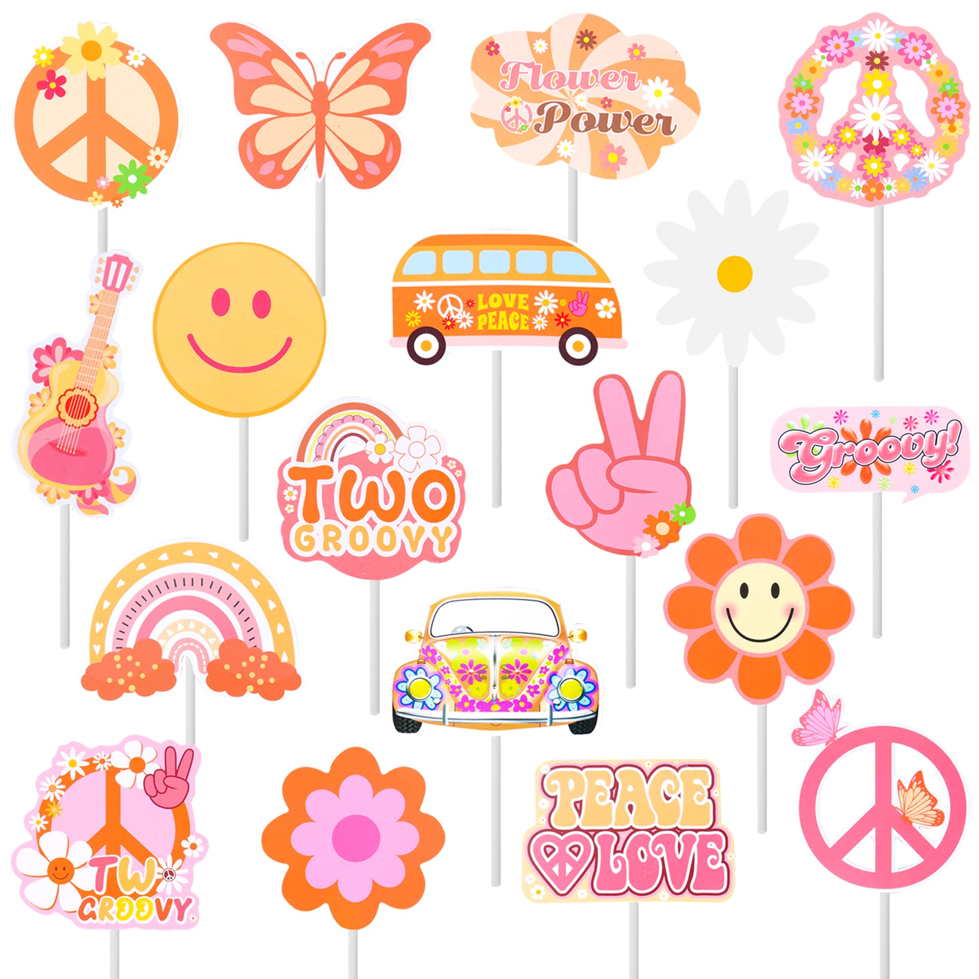 36pcs Two Groovy Hippie Party Cupcake Toppers - 60s 70s Boho Theme Birthday Party Decorations for Girls' 2nd Birthday, Baby Shower & Hippie Themed Events - Perfect for Retro, Vintage & Bohemian Party Supplies