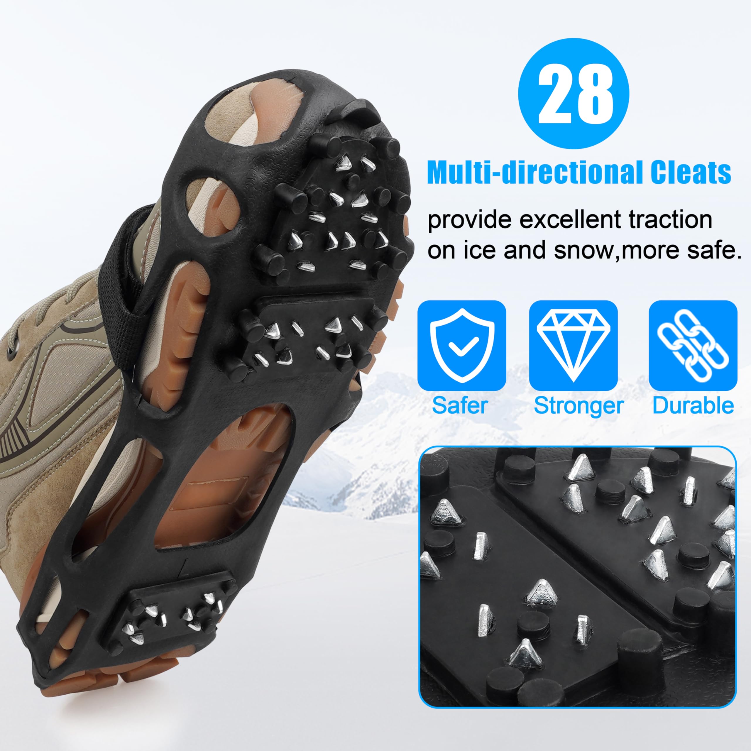 Ice Cleats for Shoes & Boots - Non-Slip Snow Traction Grippers for Men & Women | Anti-Slip Crampons for Walking on Ice, Snow & Slippery Surfaces | Perfect for Hiking, Winter Running & Outdoor Activities