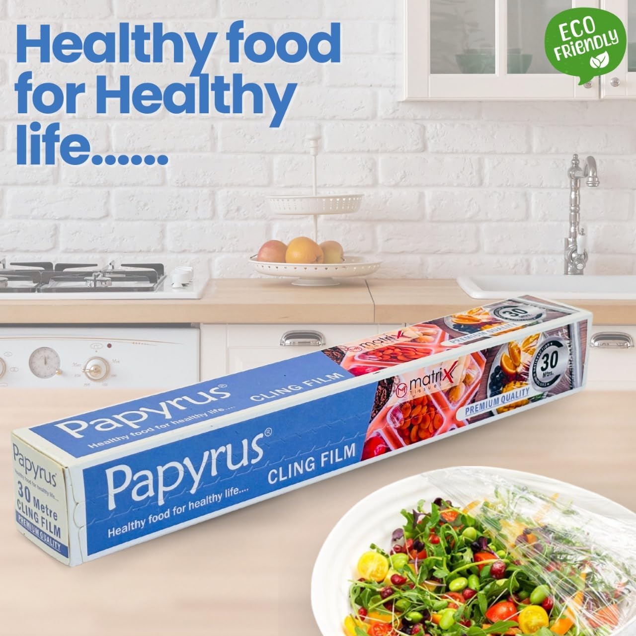 Premium Papyrus Food Wrap Cling Film - 30m Roll for Fresh Food Storage, Meal Prep & Leftovers | BPA-Free Plastic Wrap for Vegetables, Fruits, Sandwiches & More | Ideal for Kitchen, Picnics & Lunch Box Packing (Transparent, 1 Pack)