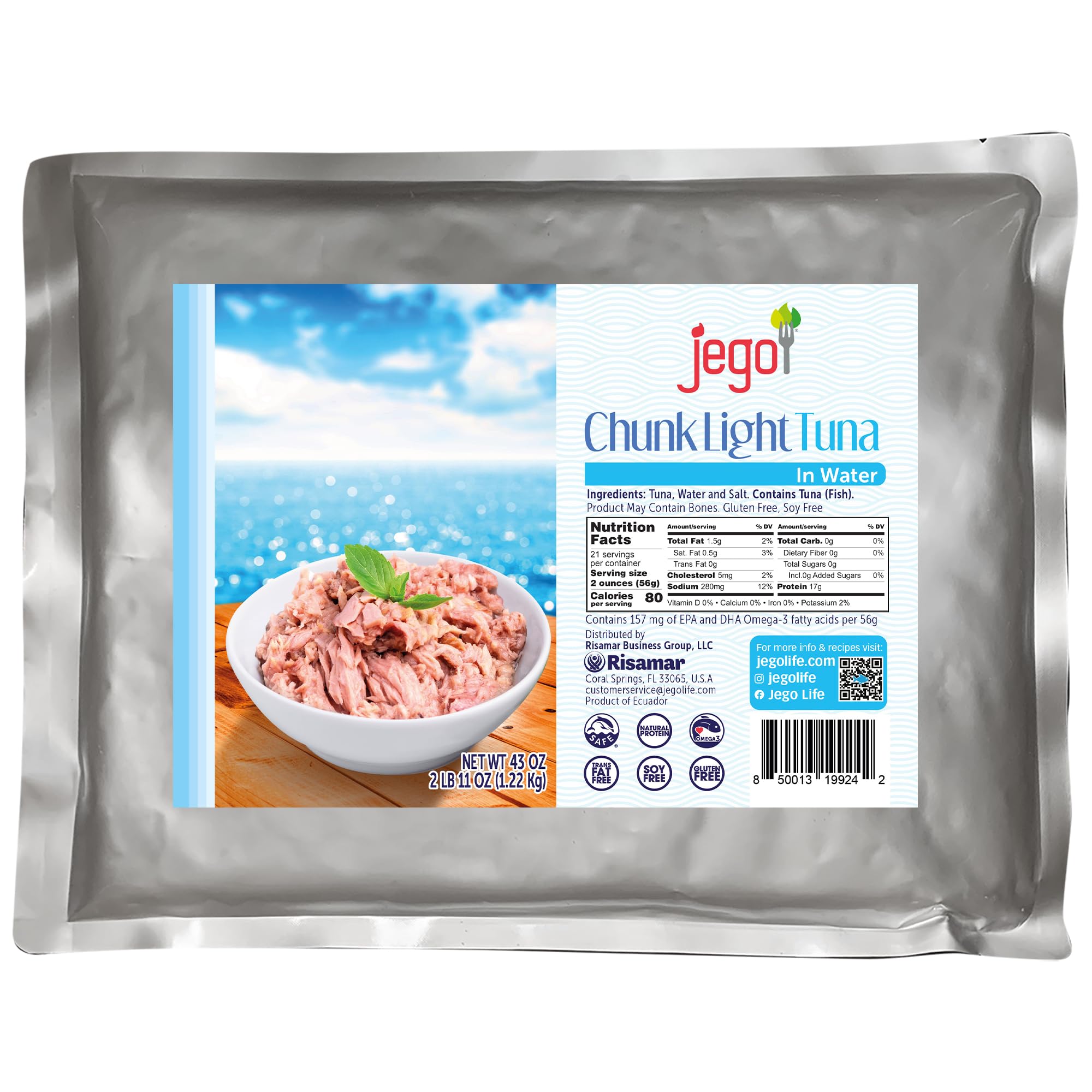 Jego Chunk Light Tuna in Water - Wild Caught, Keto & Low Carb Friendly, Gluten Free, Soy Free, Ready to Eat (43 oz Pouch) - Perfect for Salads, Sandwiches & Healthy Meal Prep